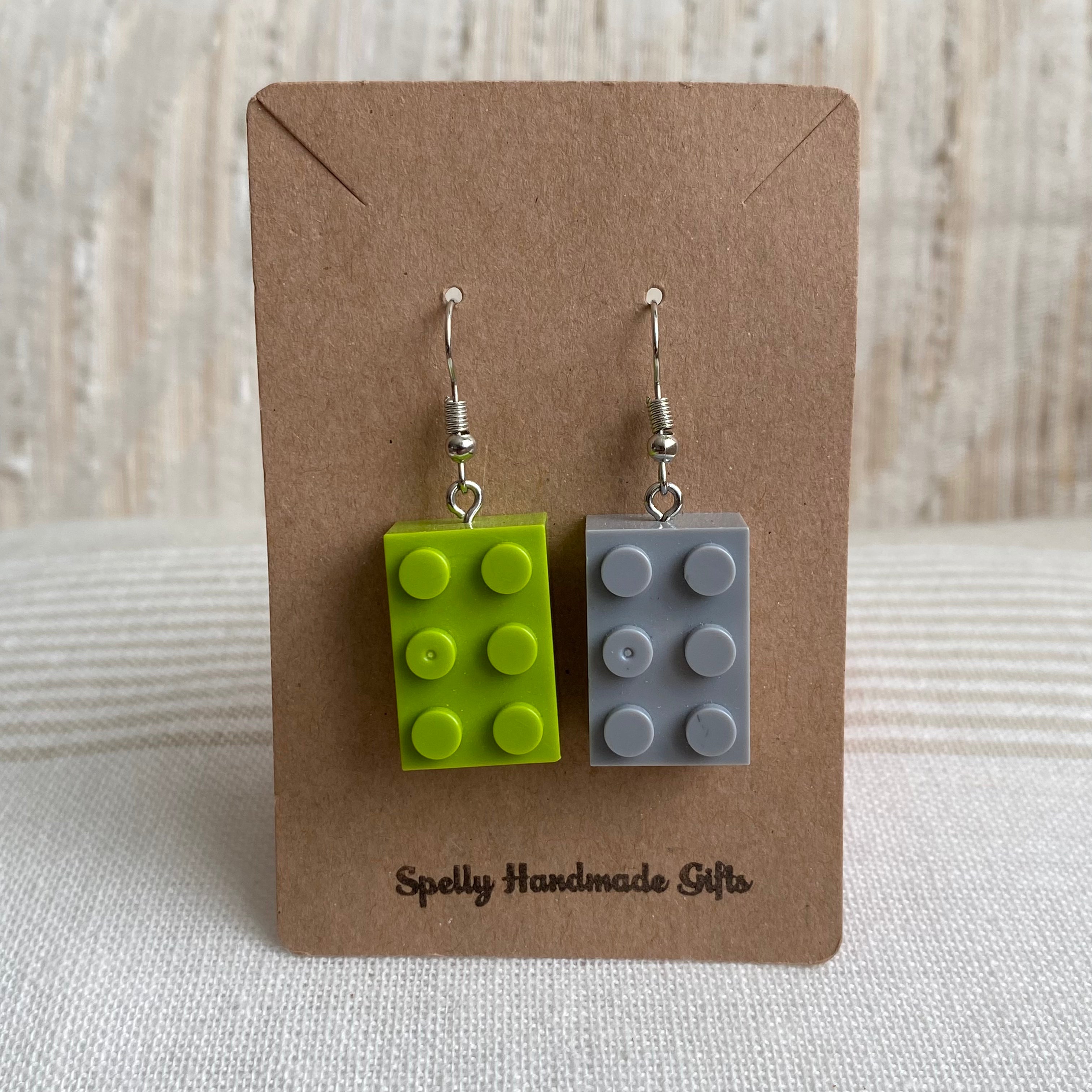 Green/Grey Lego Building Bricks Dangle Earrings