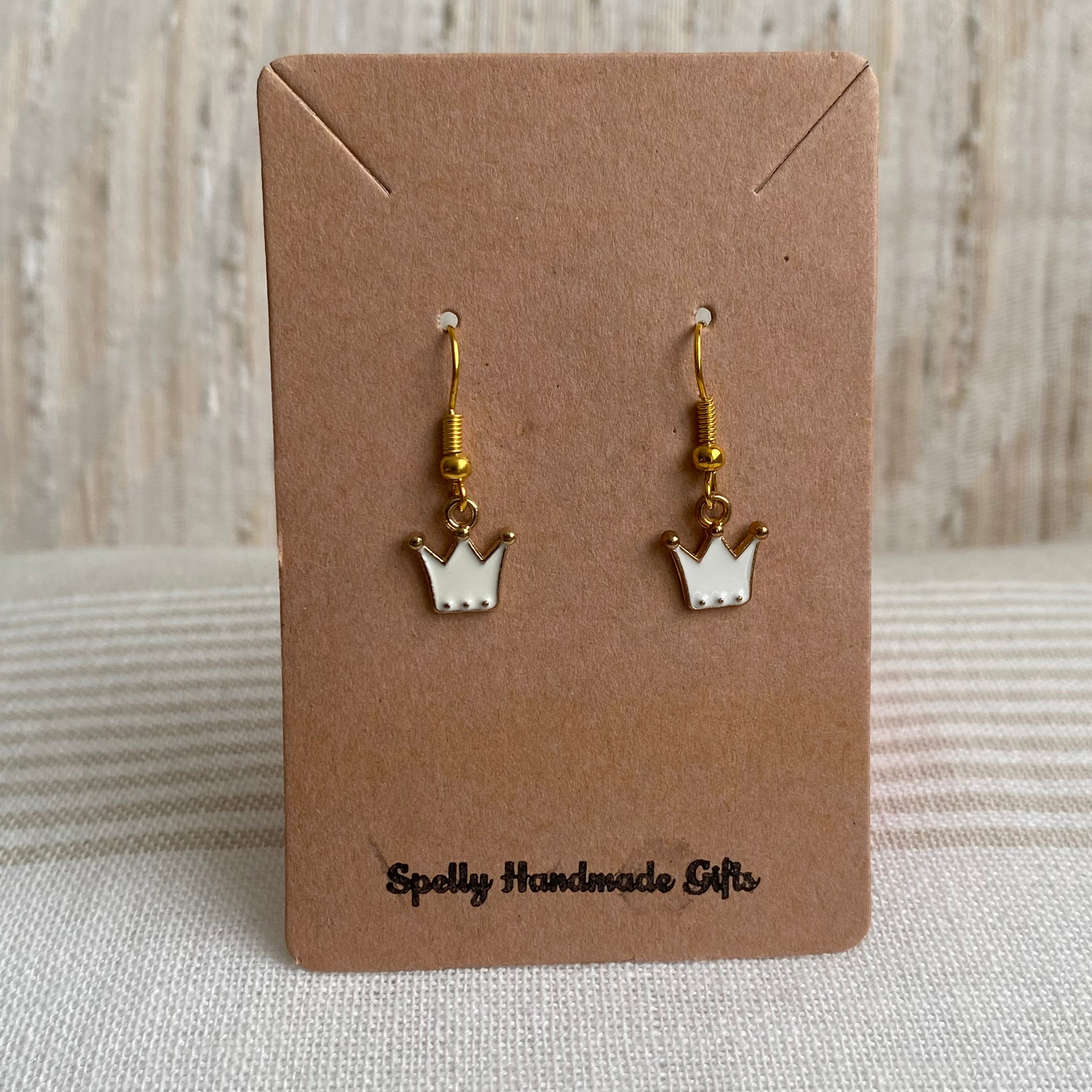 White Royal Crown Dangle Earrings