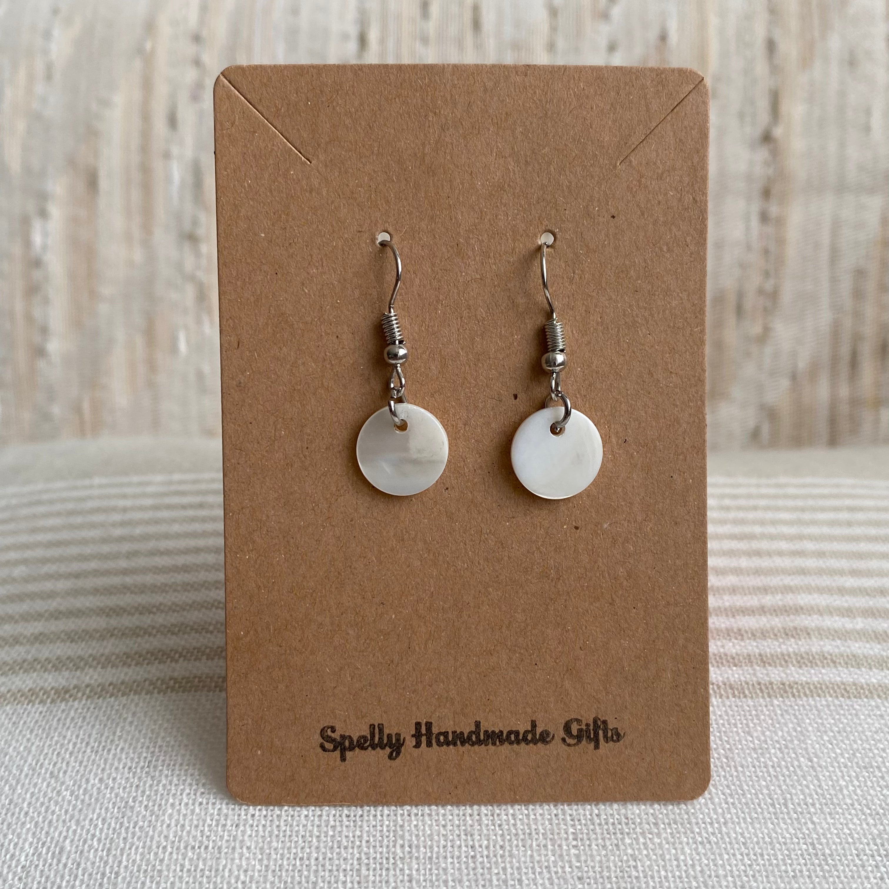 Silver/White Circle Genuine Shell Dangle Earrings