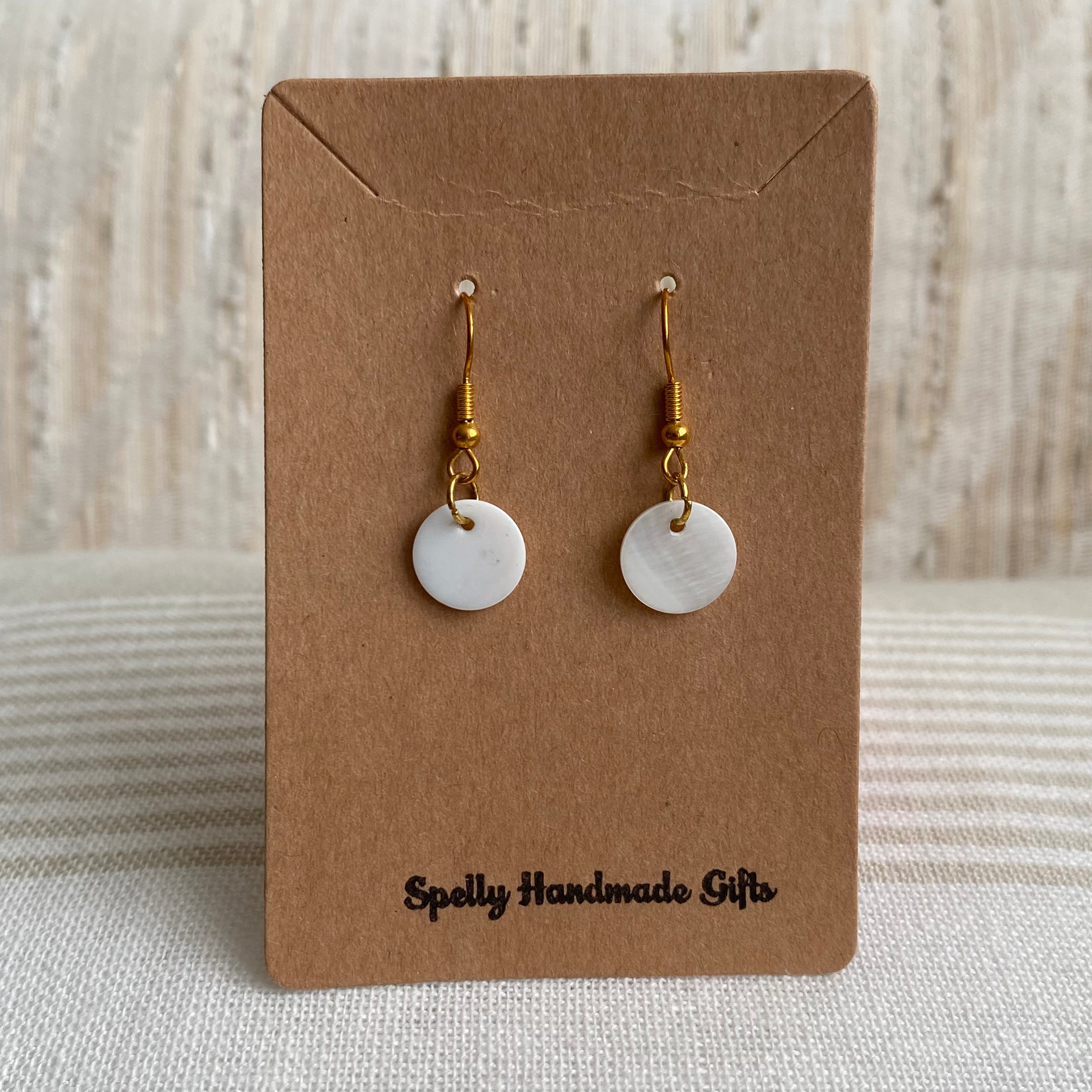 Gold/White Circle Genuine Shell Dangle Earrings