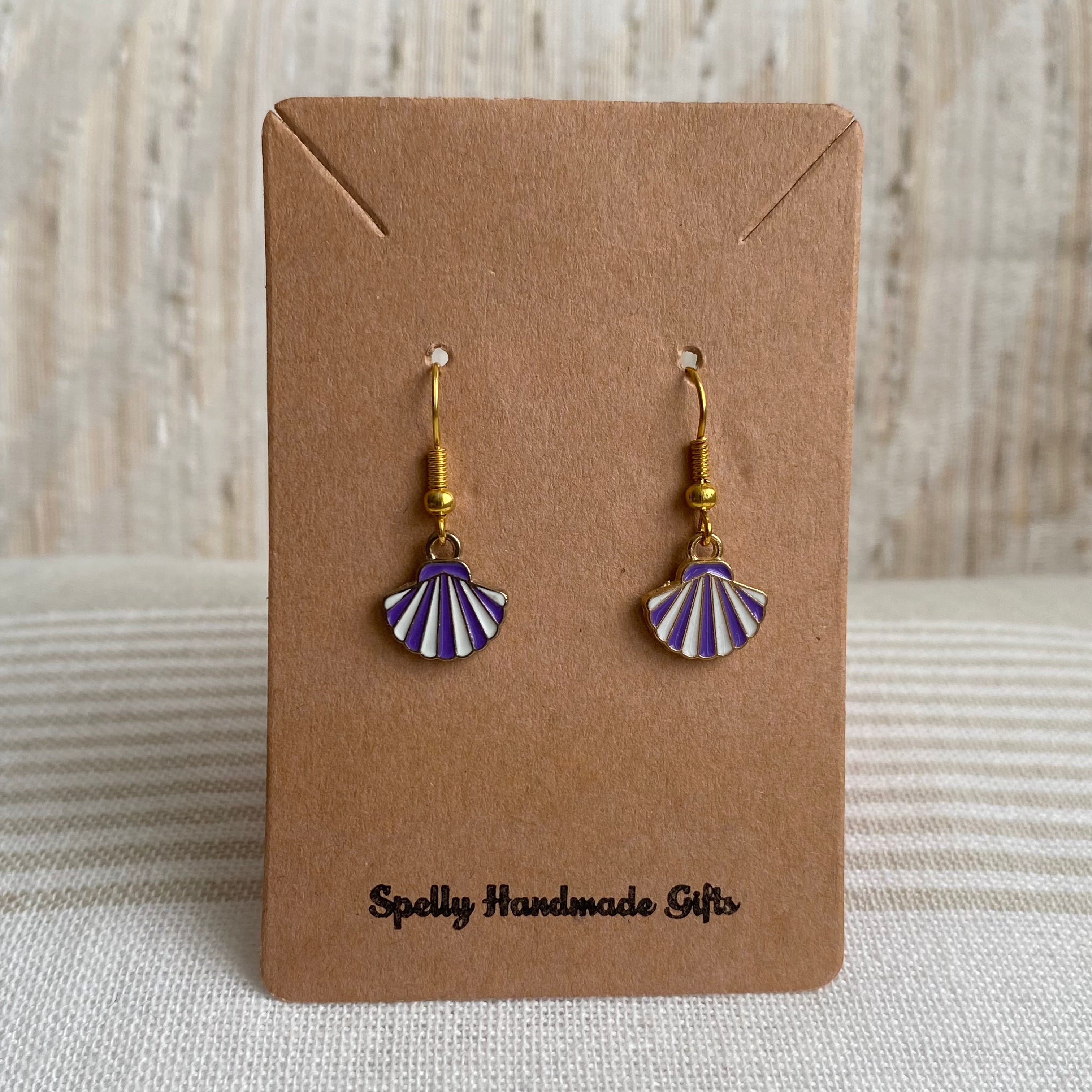 Purple/White Striped Seashell Dangle Earrings