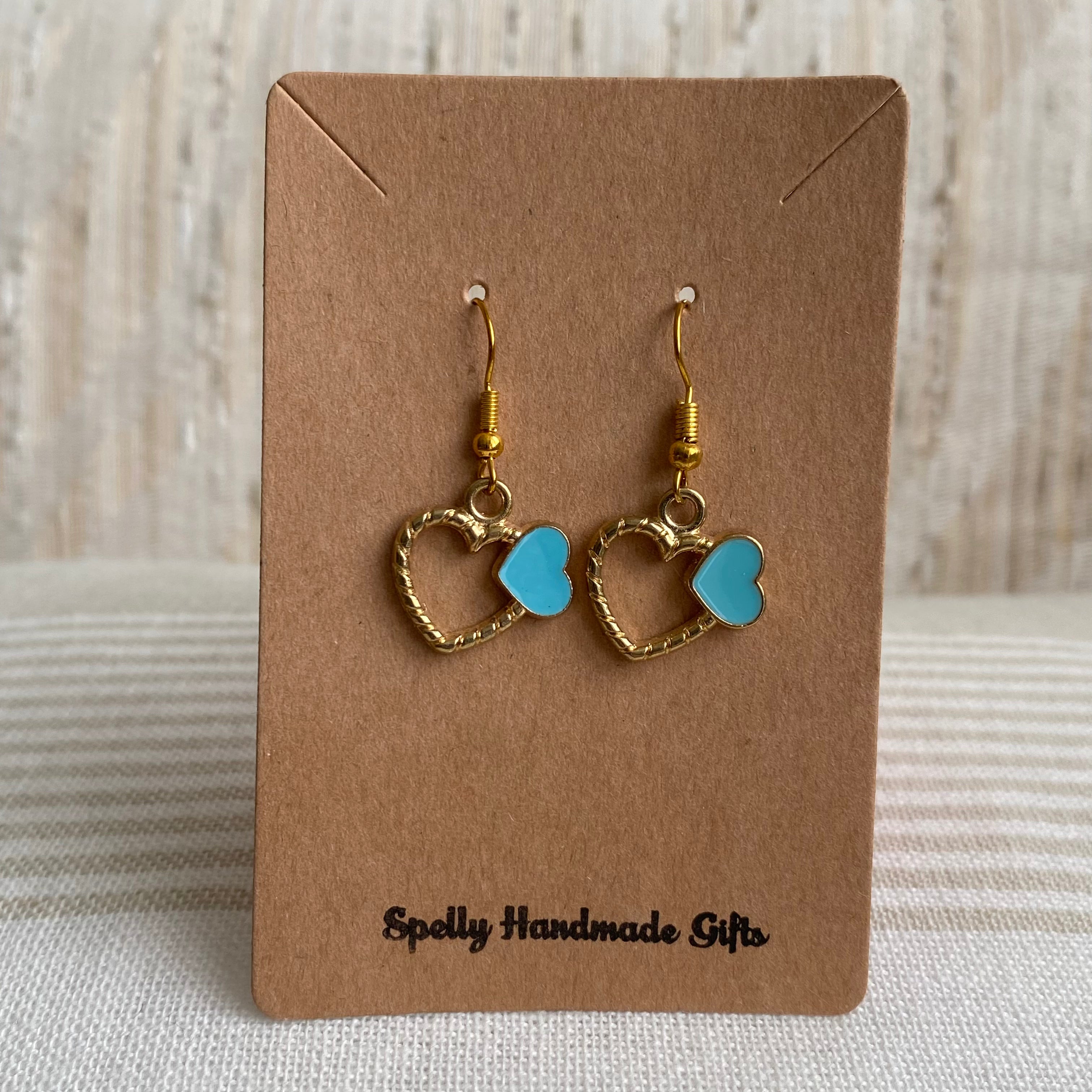 Gold/Blue Hearts Dangle Earrings