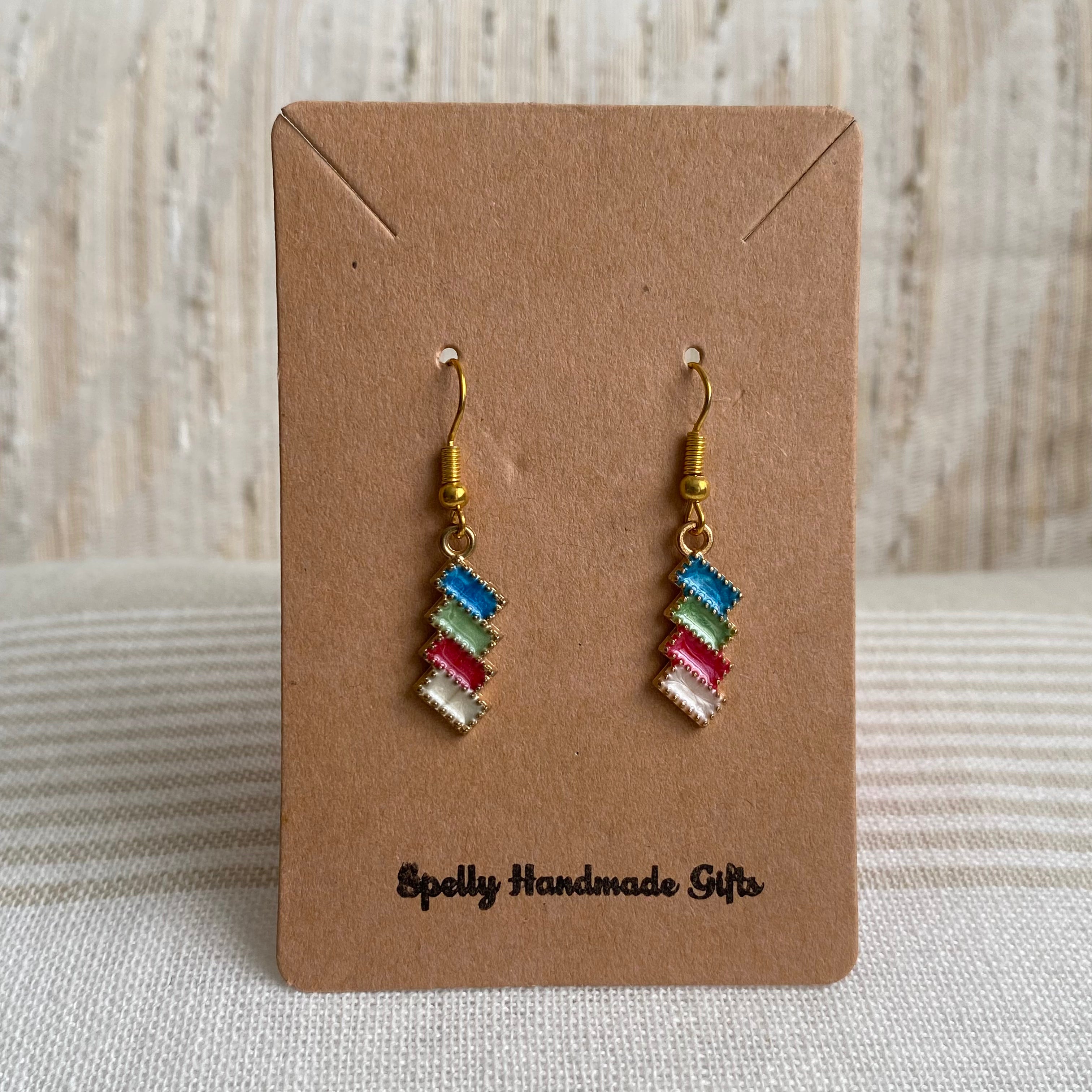 Fiesta Party Blue, Green, Red, White Rectangles Dangle Earrings