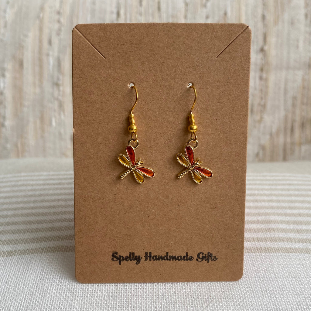 Orange/Yellow Dragonfly Enamel Dangle Earrings
