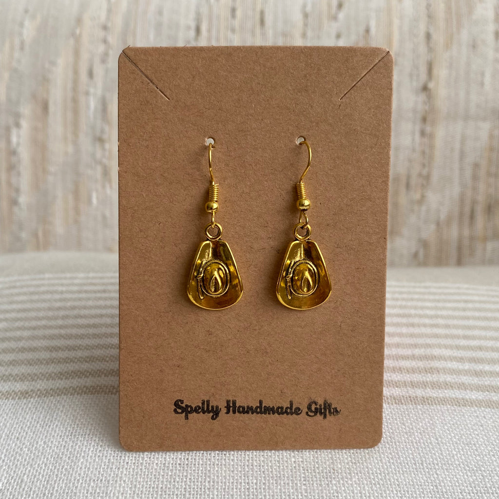 Gold Western Cowgirl Hat Dangle Earrings