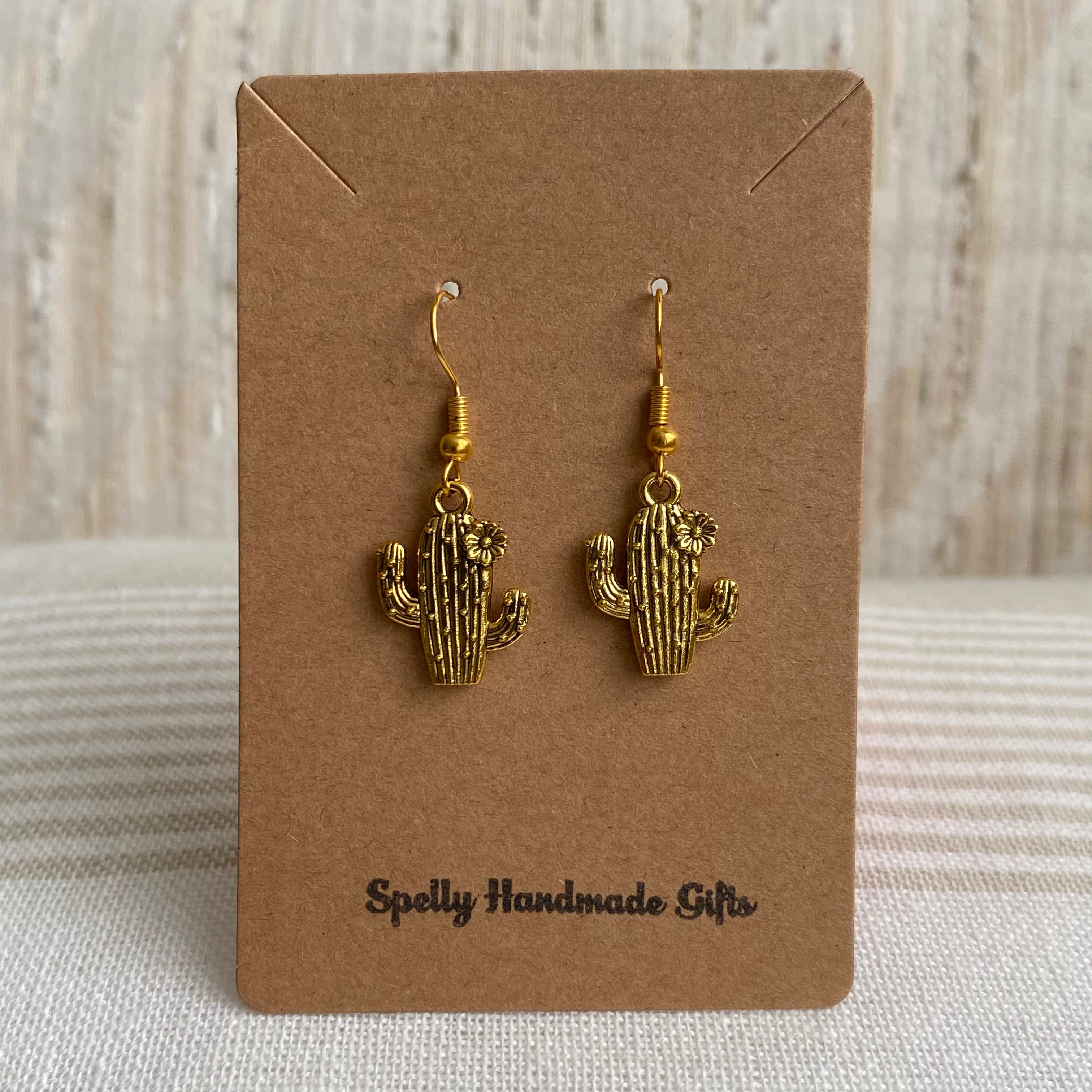 Gold Flowering Cactus Dangle Earrings