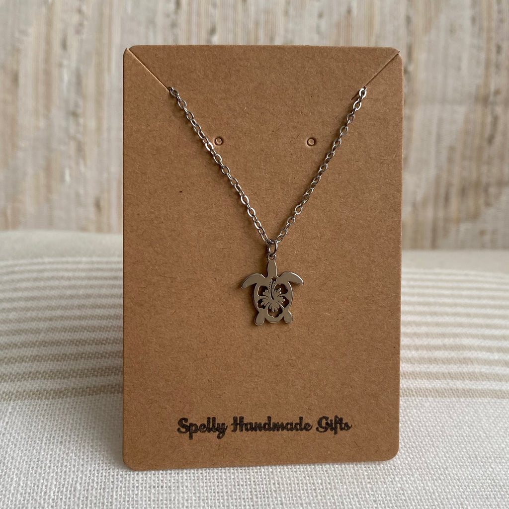 Silver Hibiscus Turtle Pendant Necklace