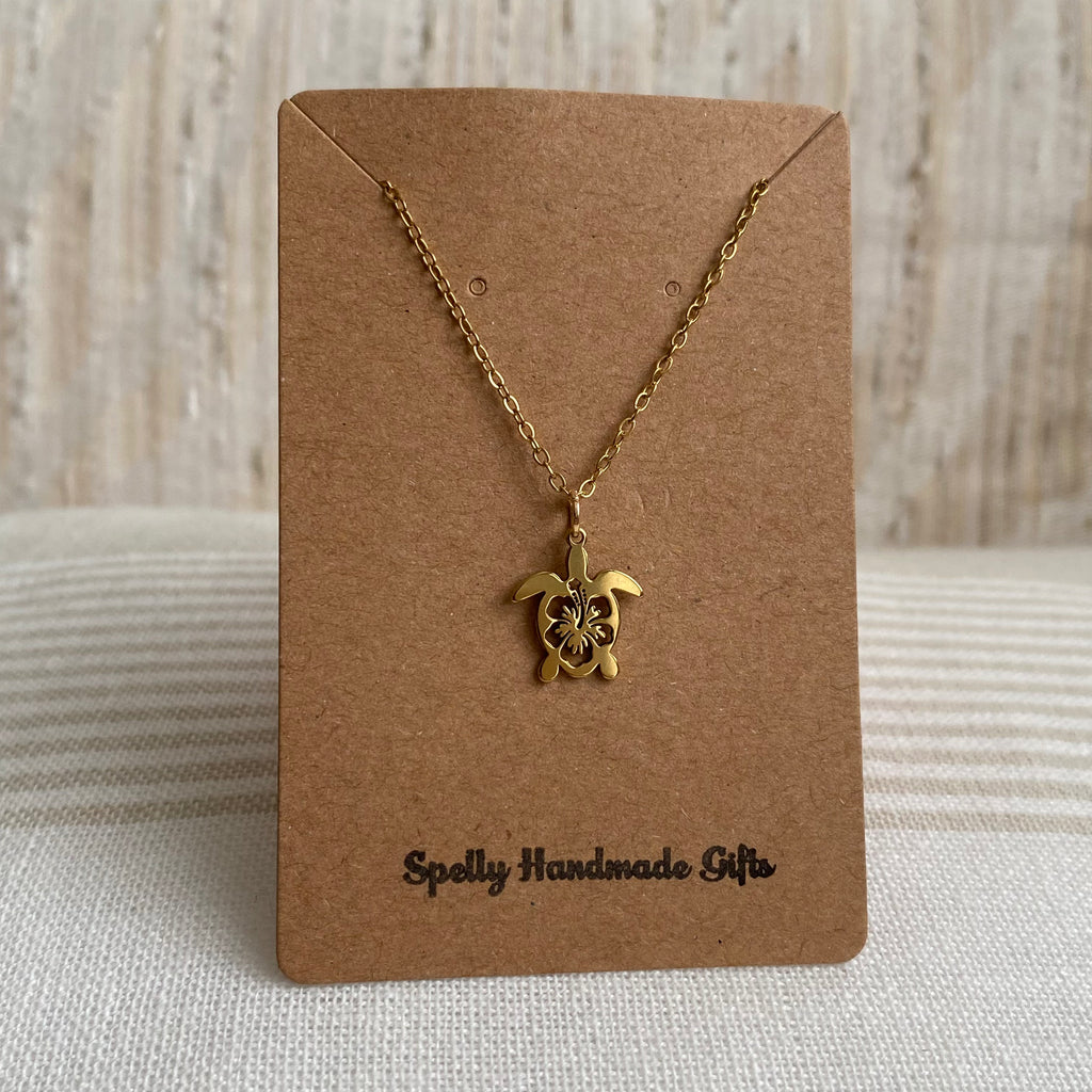 Gold Hibiscus Turtle Pendant Necklace