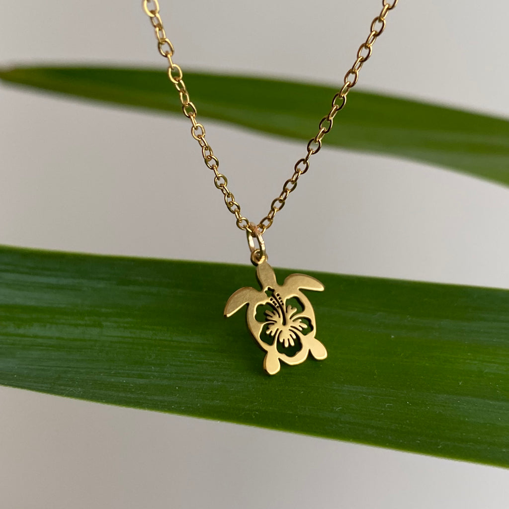 Gold Hibiscus Turtle Pendant Necklace