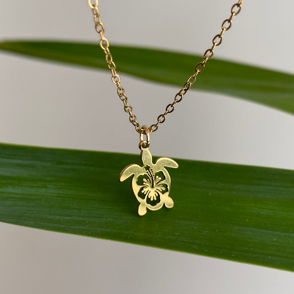 Gold Hibiscus Turtle Pendant Necklace