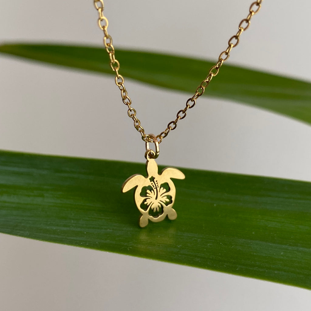 Gold Hibiscus Turtle Pendant Necklace