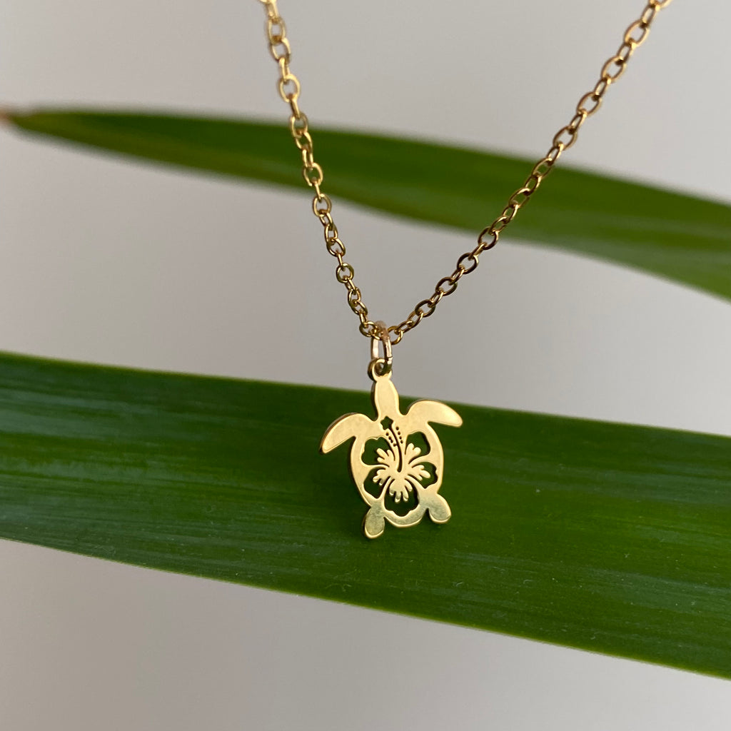 Gold Hibiscus Turtle Pendant Necklace