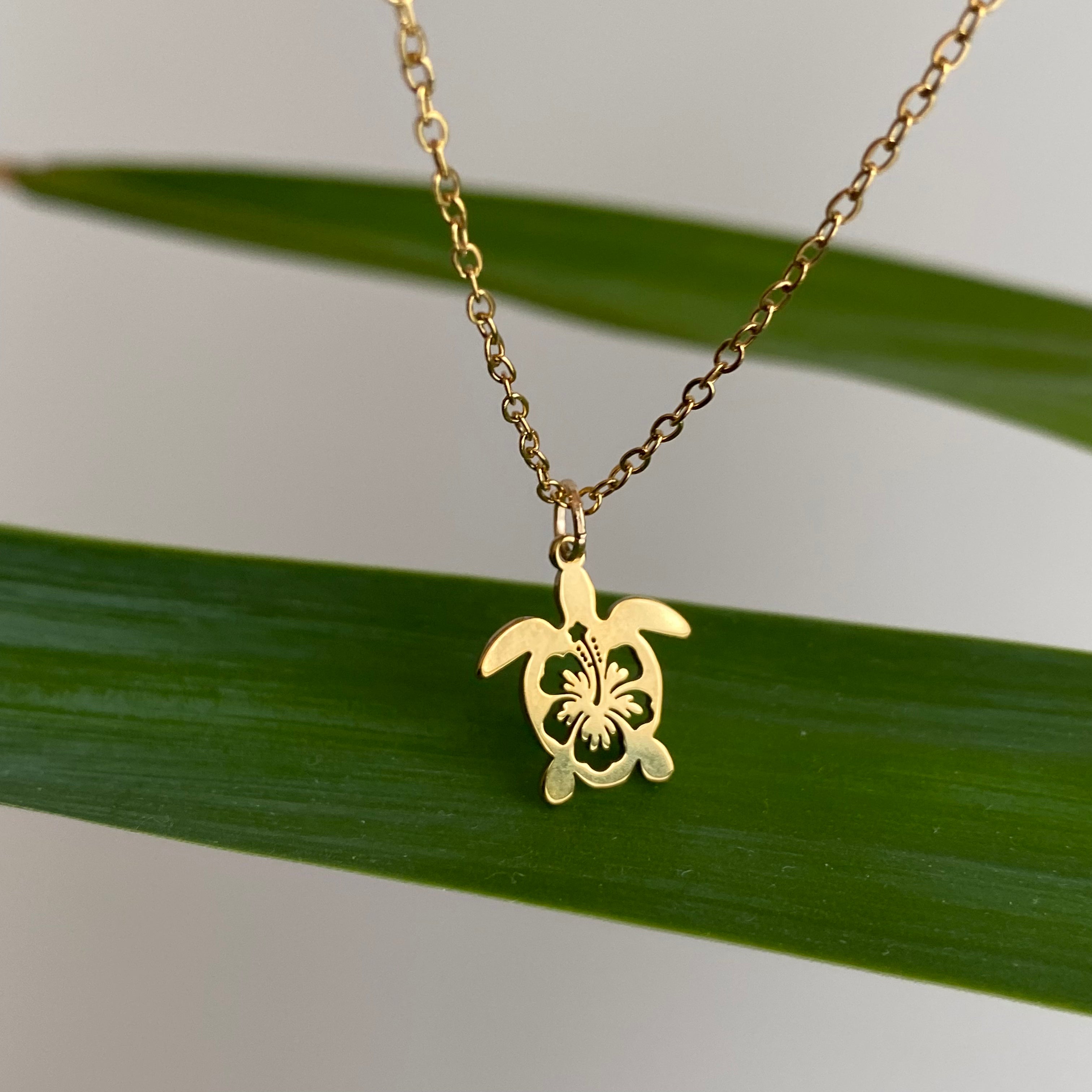 Gold Hibiscus Turtle Pendant Necklace