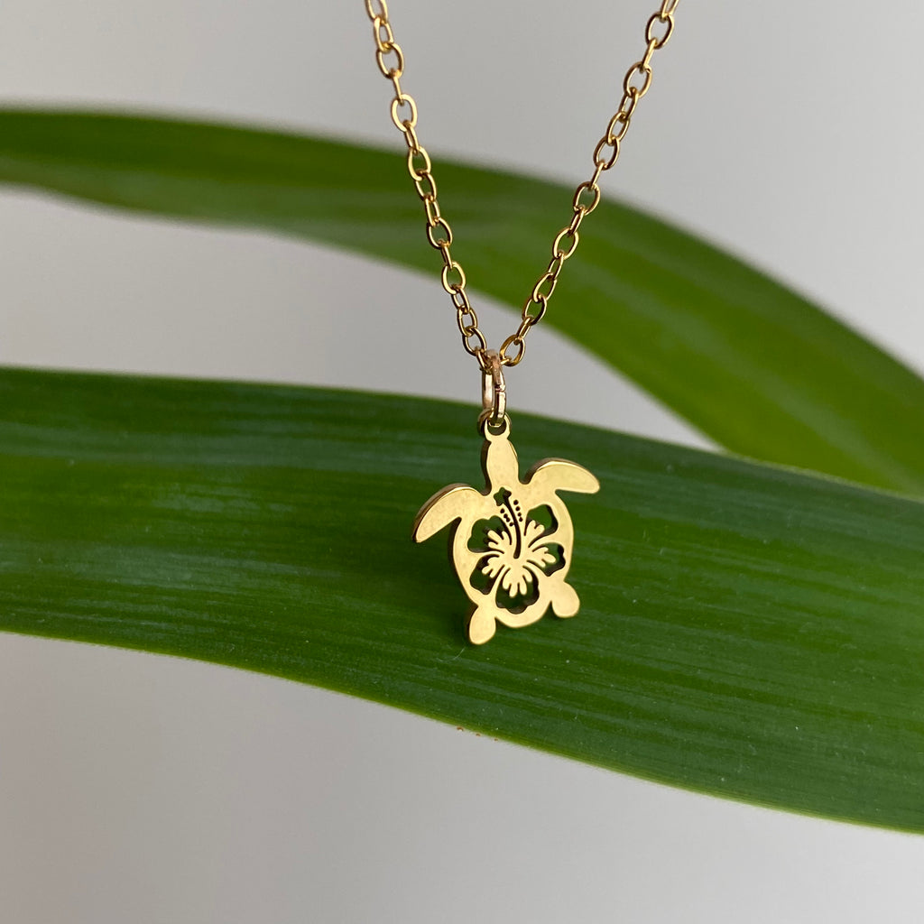 Gold Hibiscus Turtle Pendant Necklace