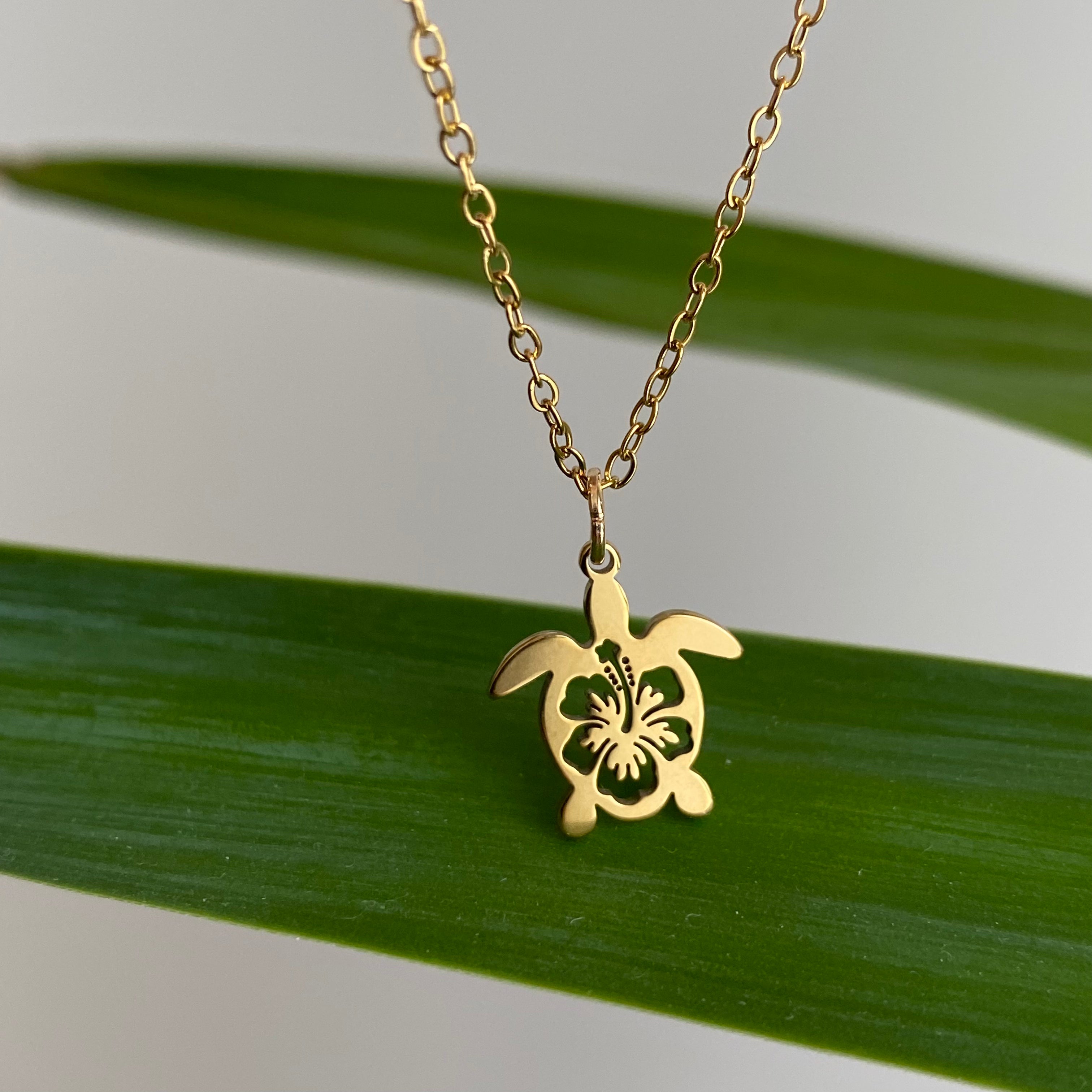 Gold Hibiscus Turtle Pendant Necklace