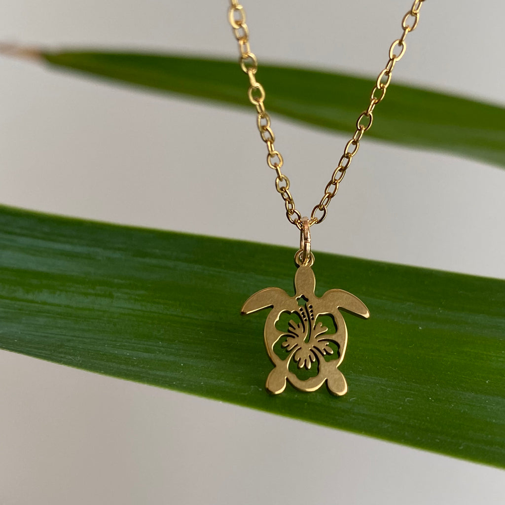 Gold Hibiscus Turtle Pendant Necklace