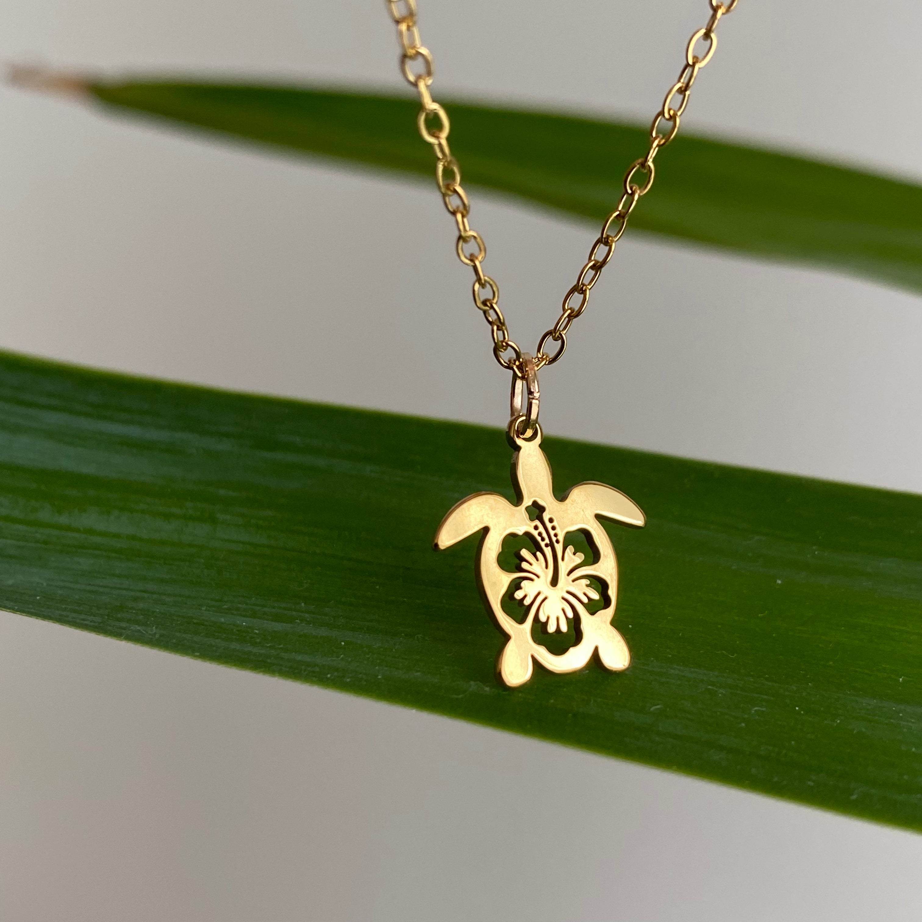 Gold Hibiscus Turtle Pendant Necklace