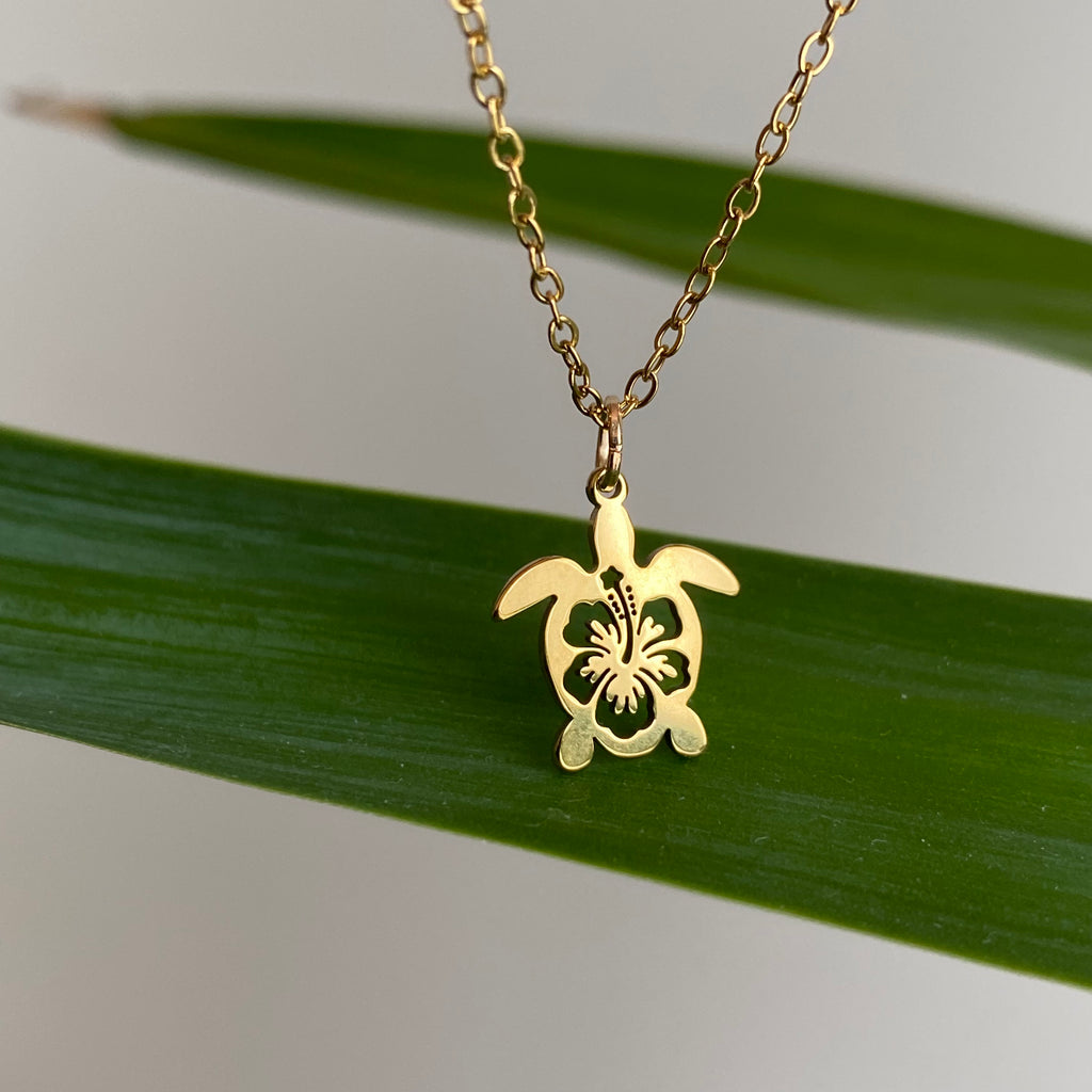 Gold Hibiscus Turtle Pendant Necklace