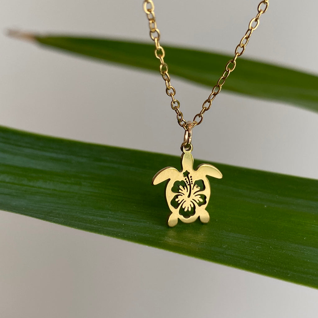 Gold Hibiscus Turtle Pendant Necklace