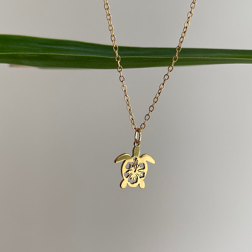 Gold Hibiscus Turtle Pendant Necklace