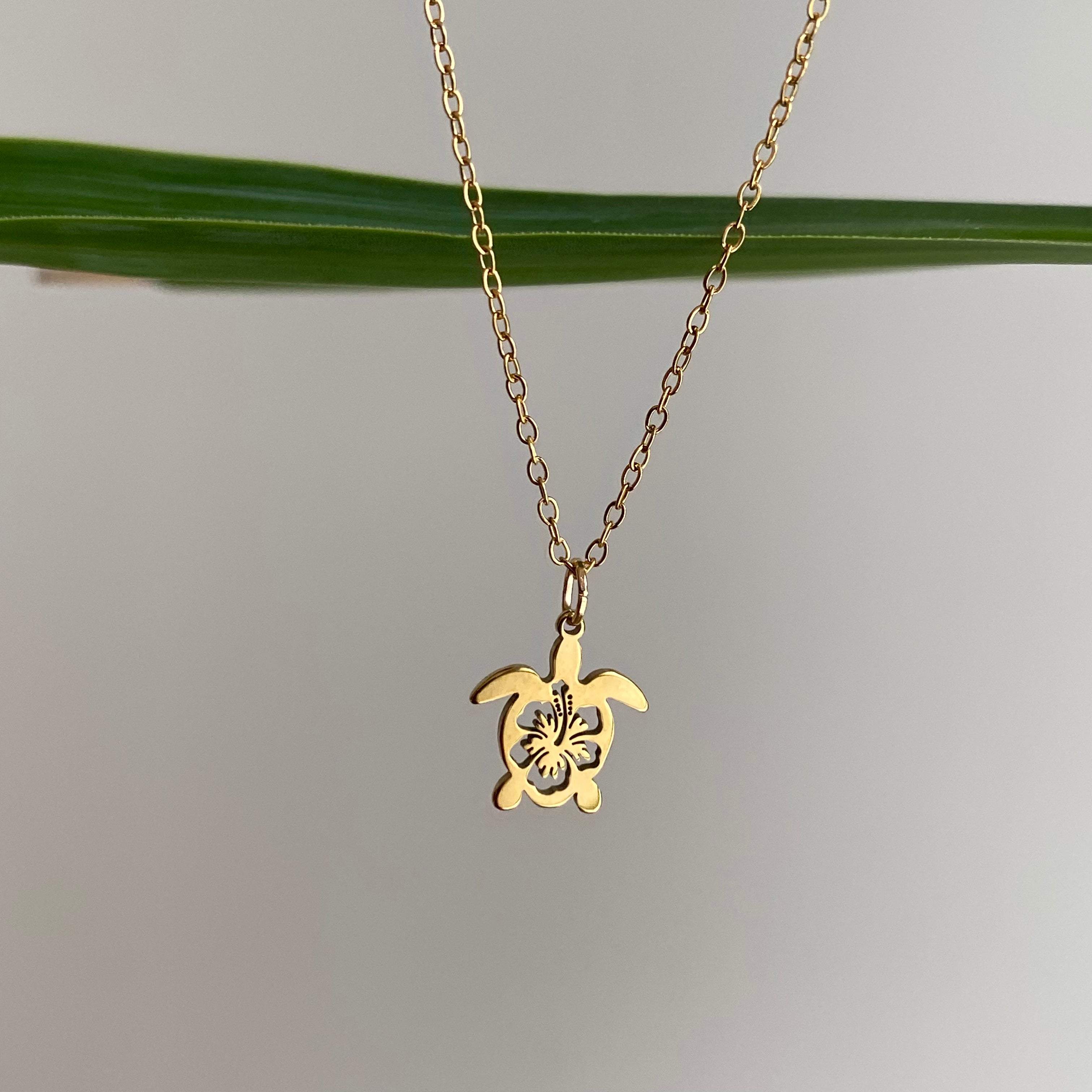 Gold Hibiscus Turtle Pendant Necklace