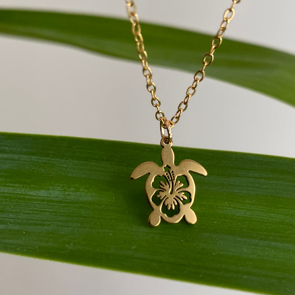 Gold Hibiscus Turtle Pendant Necklace