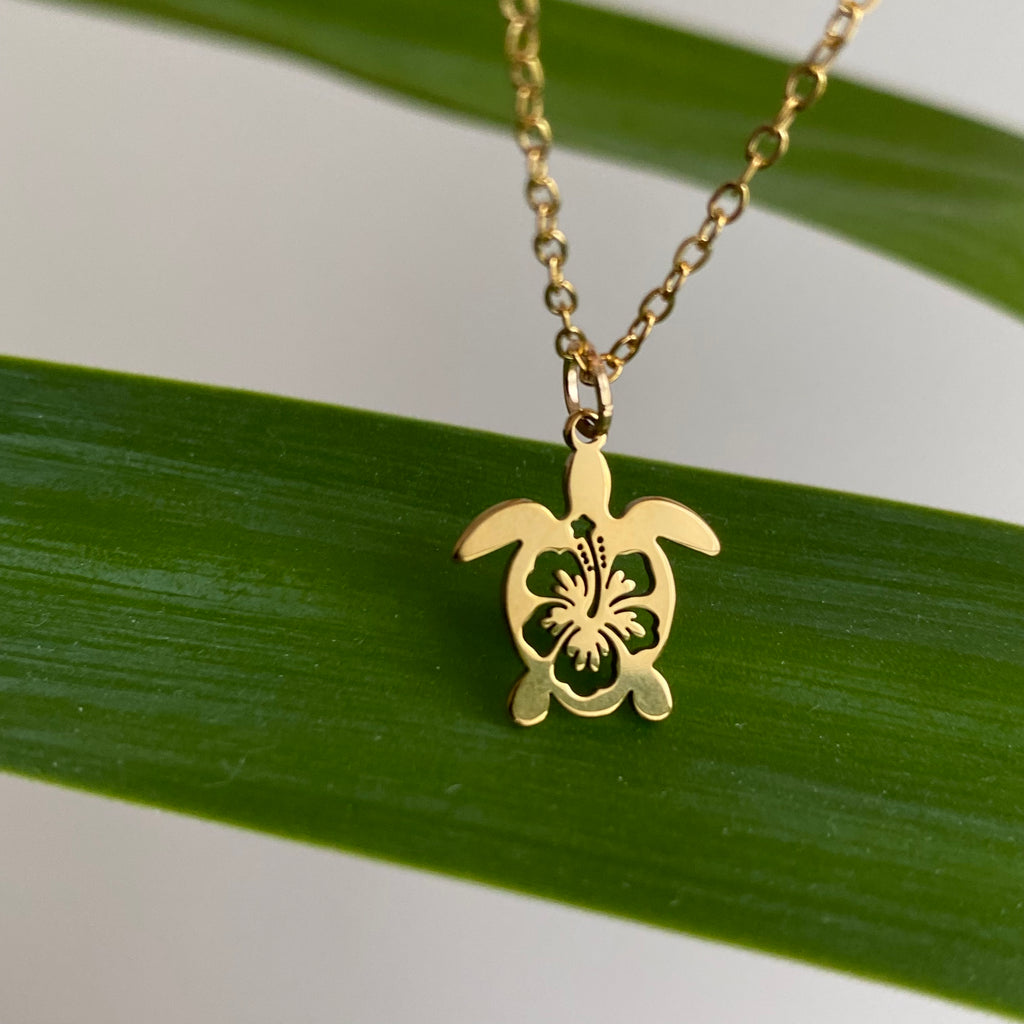 Gold Hibiscus Turtle Pendant Necklace