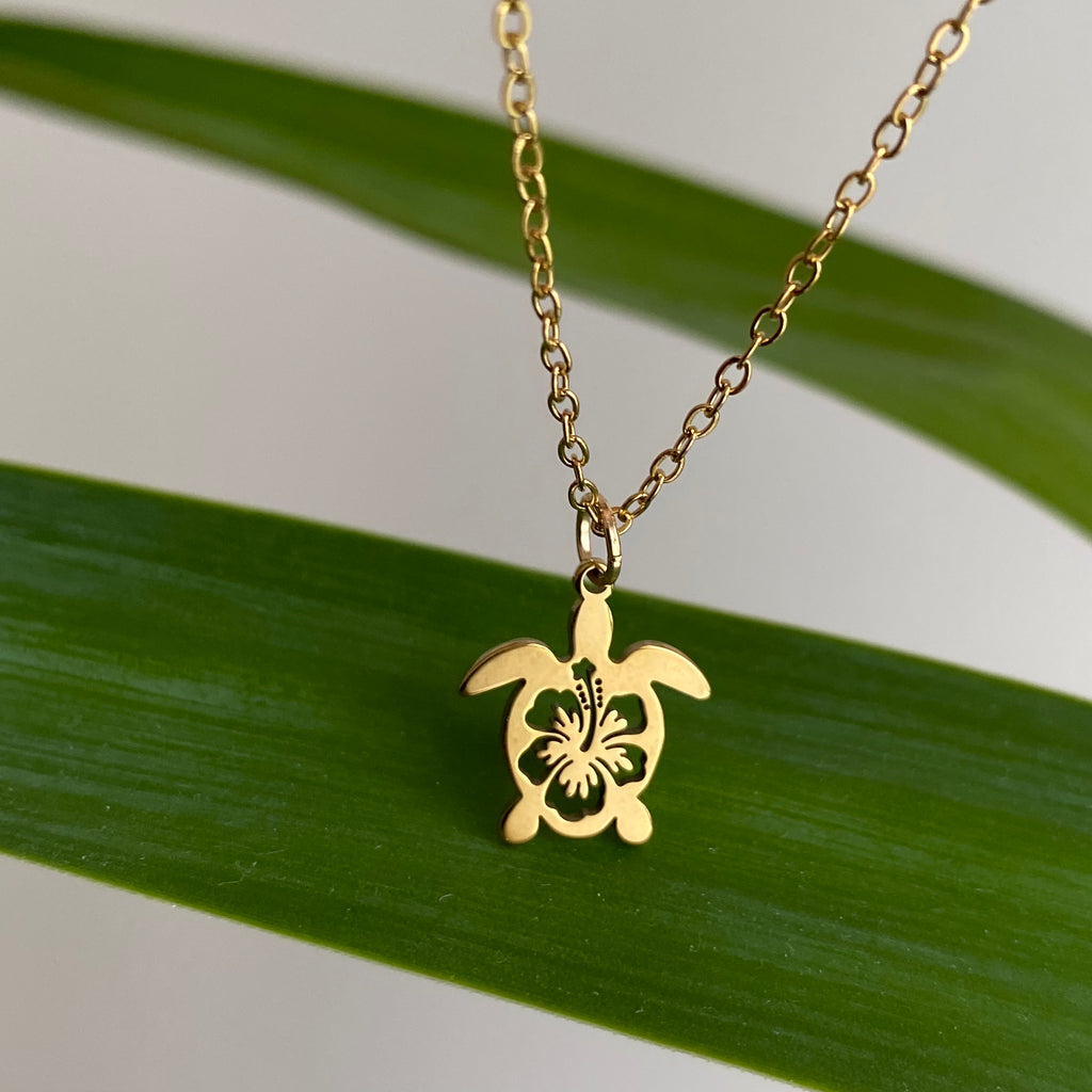 Gold Hibiscus Turtle Pendant Necklace