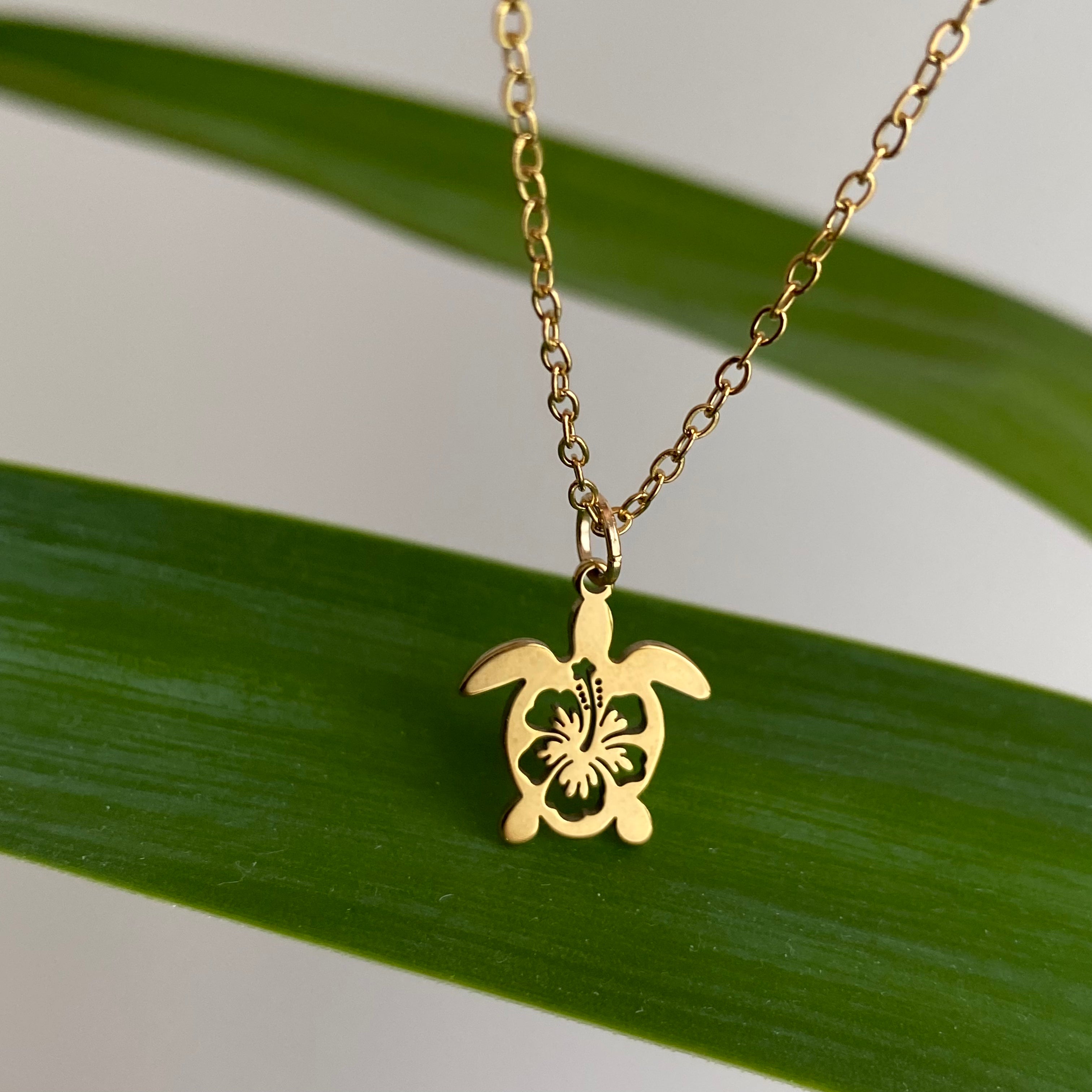 Gold Hibiscus Turtle Pendant Necklace