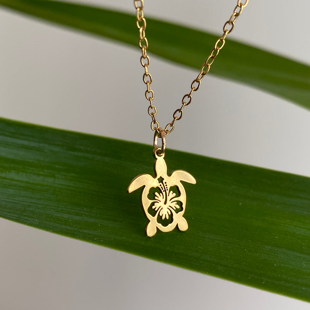 Gold Hibiscus Turtle Pendant Necklace