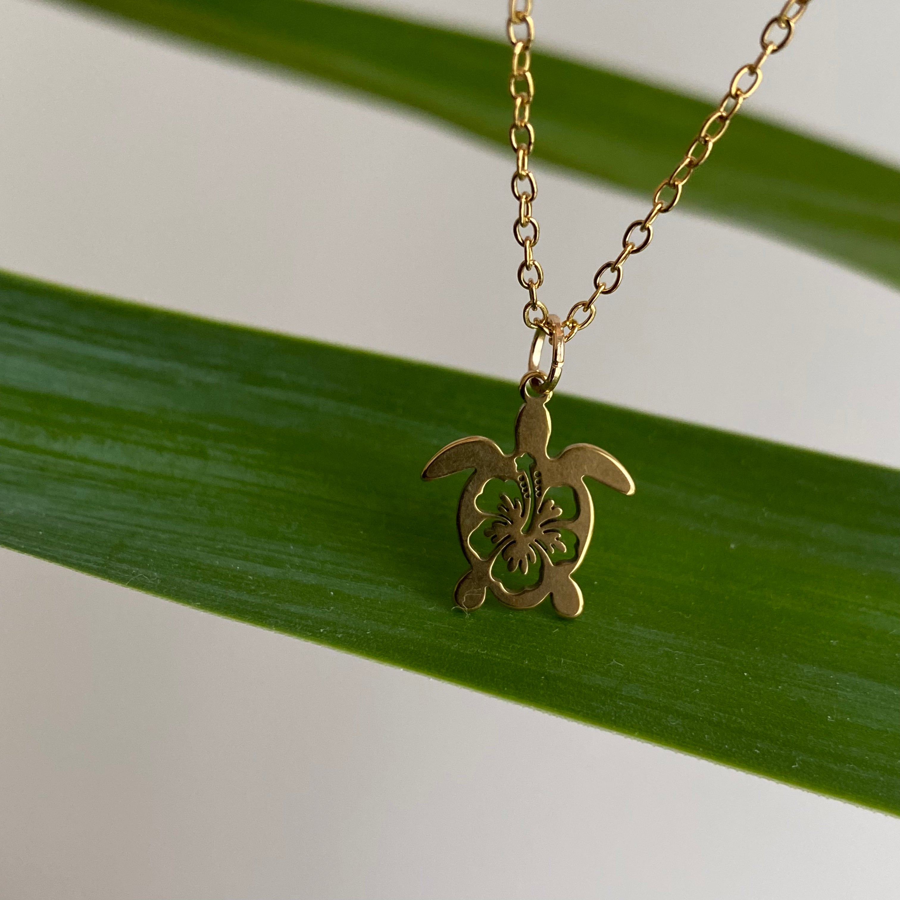 Gold Hibiscus Turtle Pendant Necklace