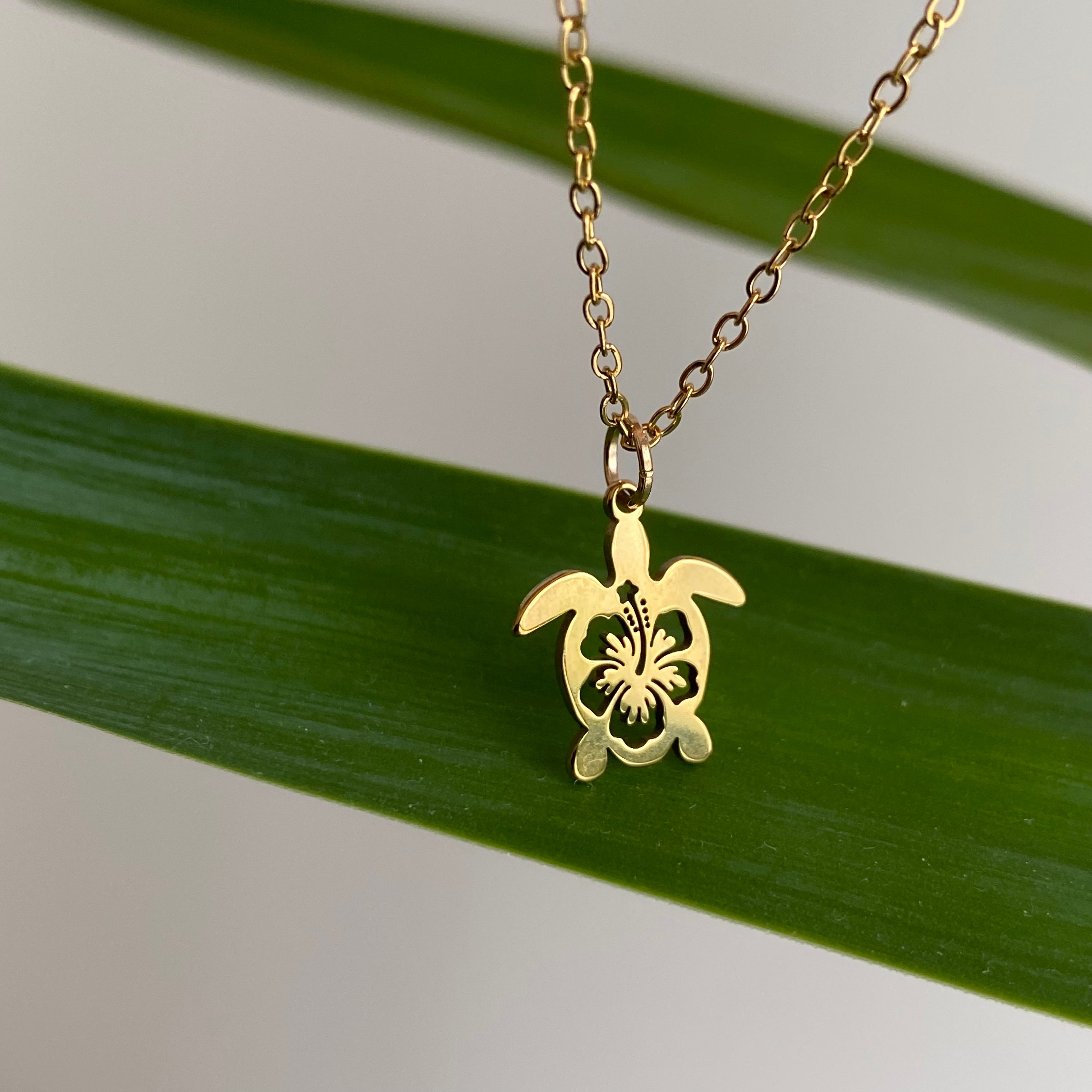 Gold Hibiscus Turtle Pendant Necklace