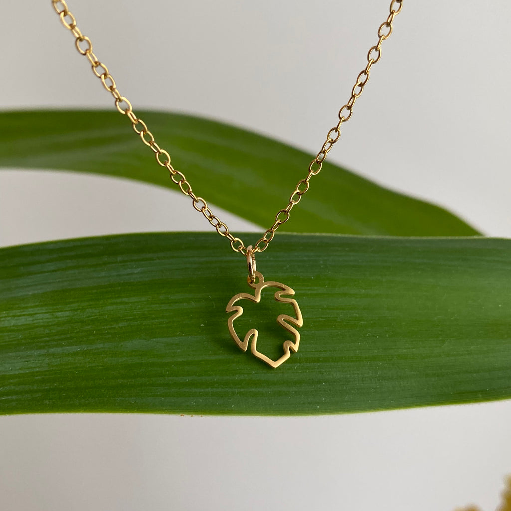 Gold Petite Hollow Tropical Palm Leaf Pendant Necklace