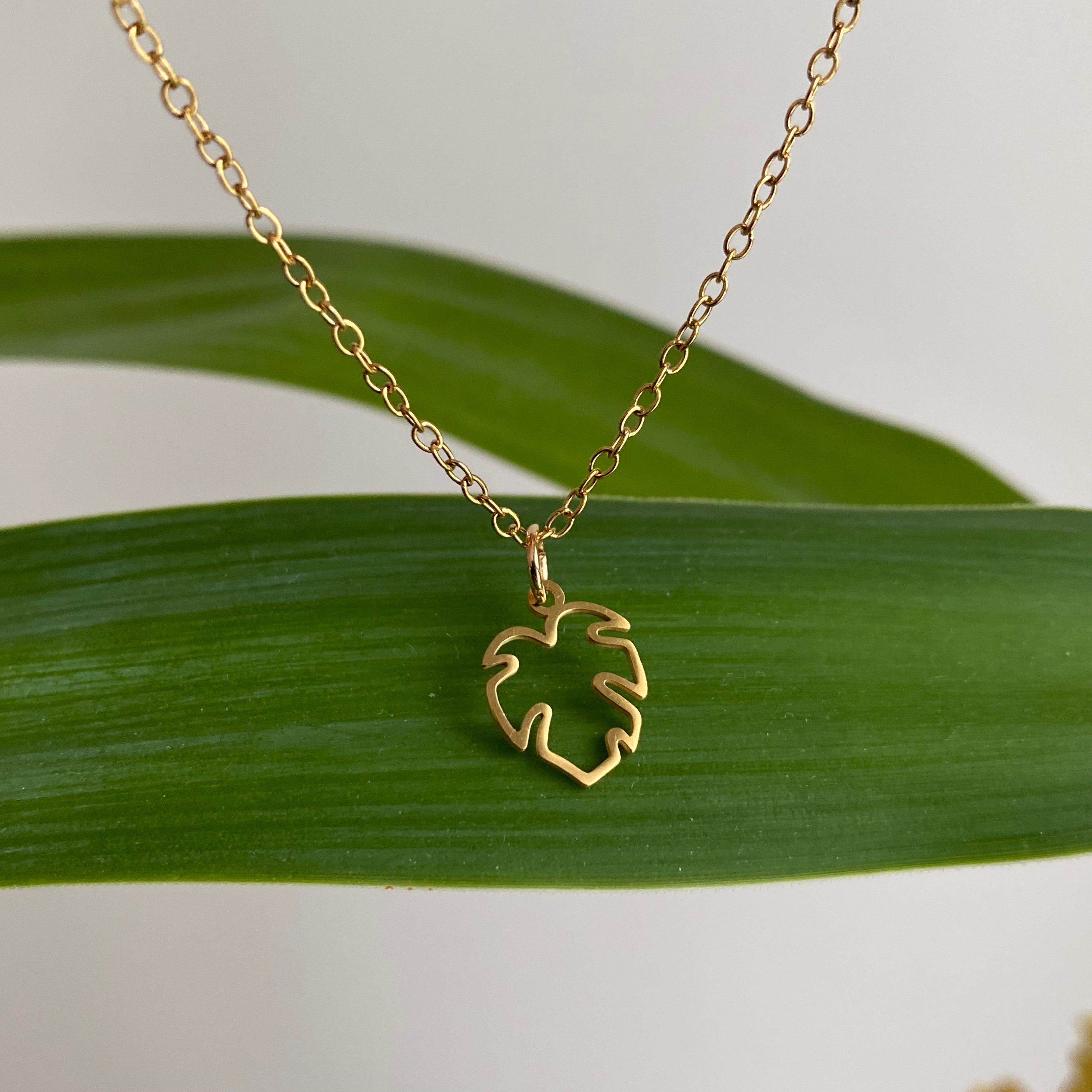 Gold Petite Hollow Tropical Palm Leaf Pendant Necklace