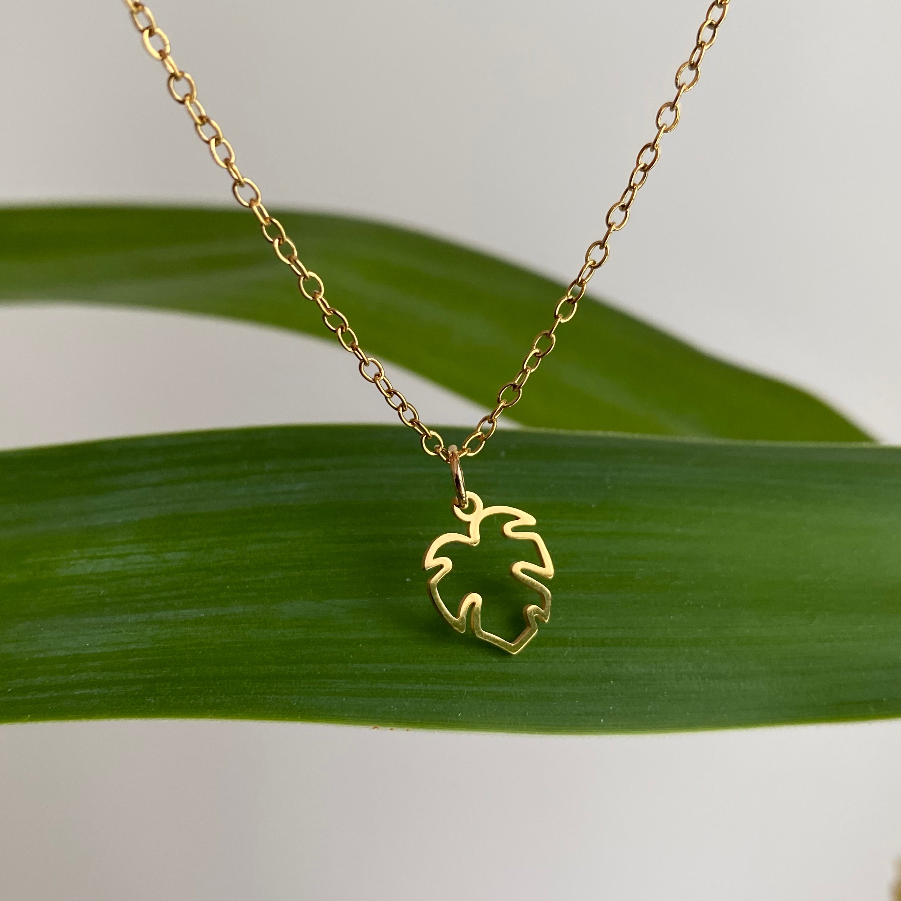 Gold Petite Hollow Tropical Palm Leaf Pendant Necklace