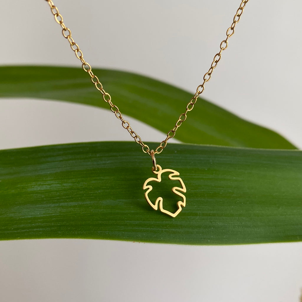 Gold Petite Hollow Tropical Palm Leaf Pendant Necklace
