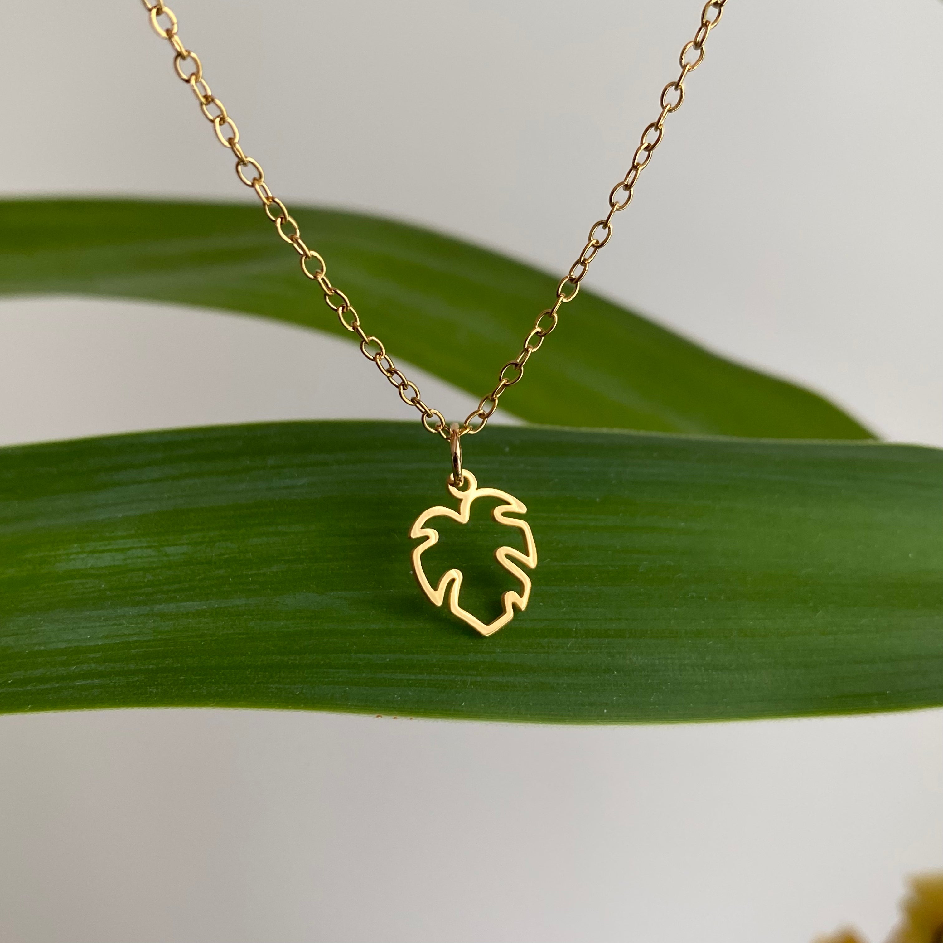 Gold Petite Hollow Tropical Palm Leaf Pendant Necklace