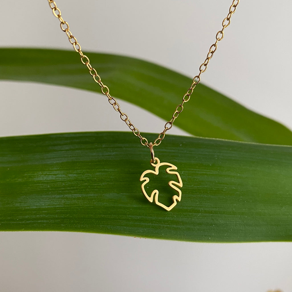 Gold Petite Hollow Tropical Palm Leaf Pendant Necklace