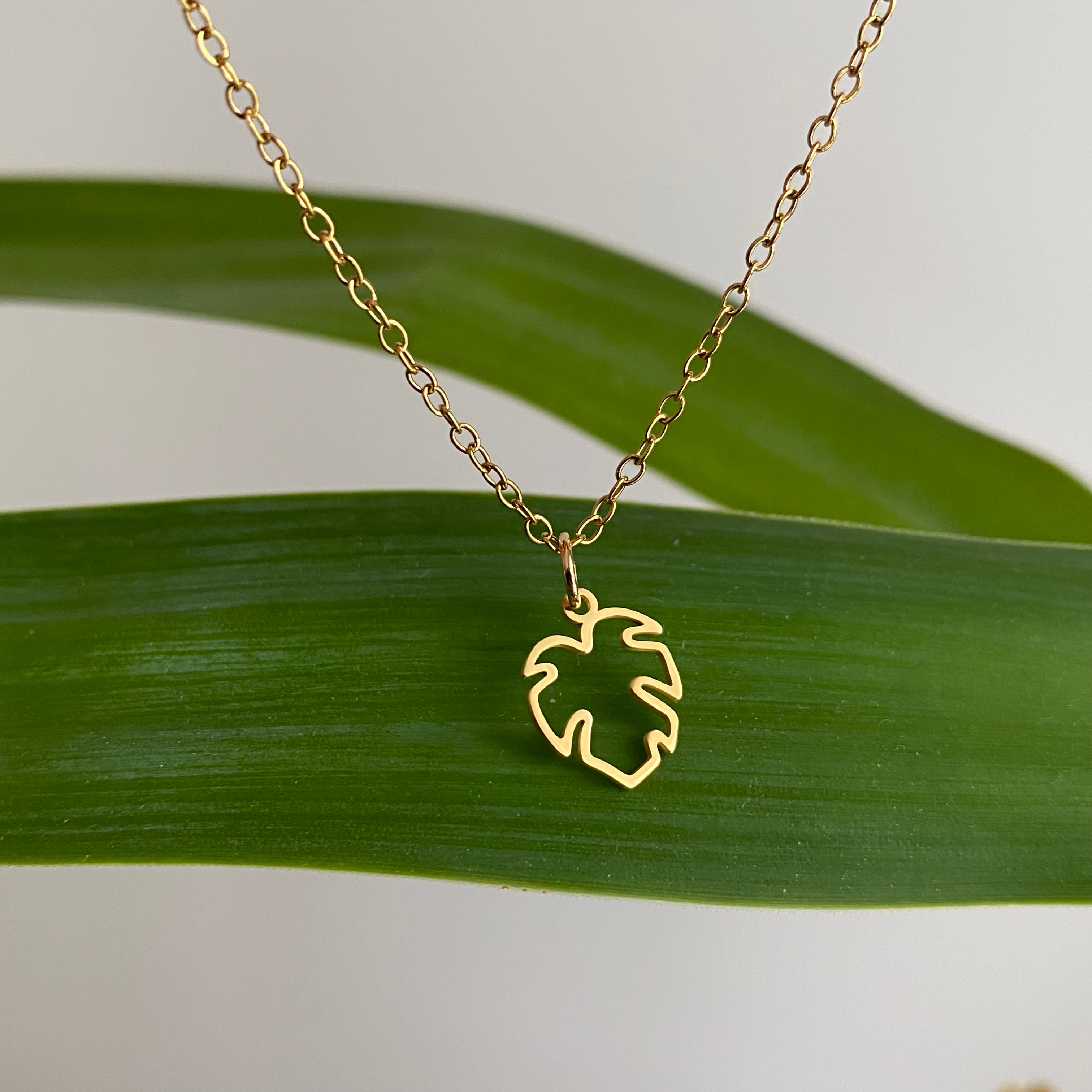Gold Petite Hollow Tropical Palm Leaf Pendant Necklace