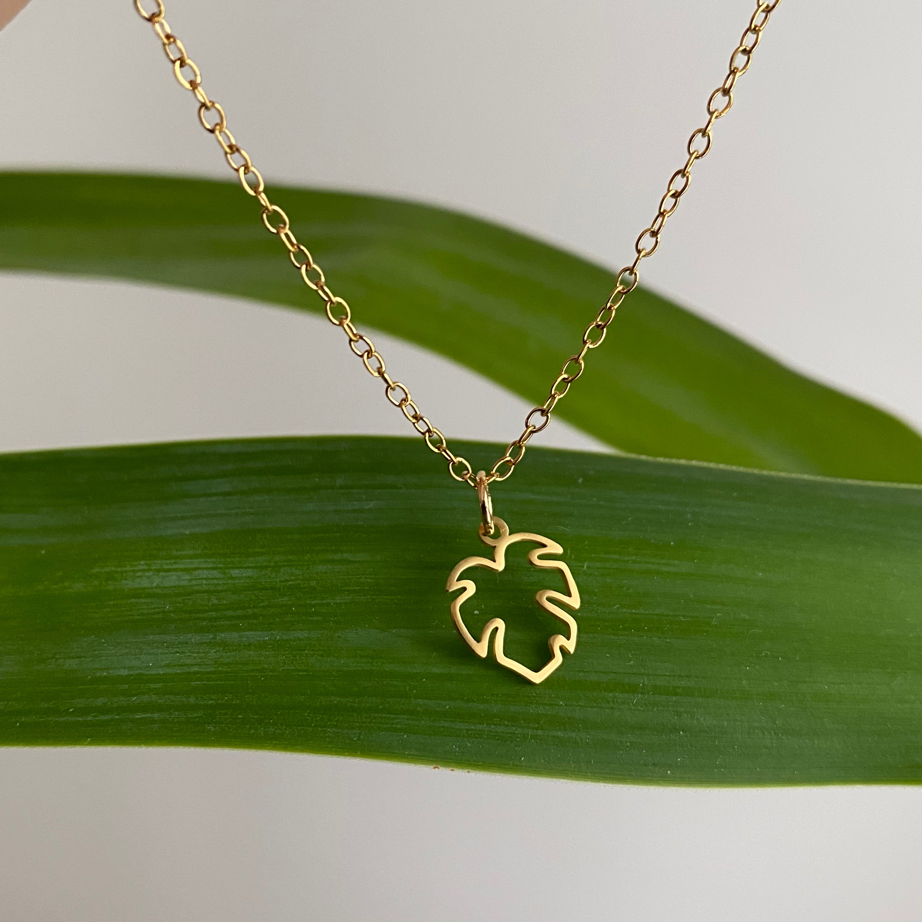 Gold Petite Hollow Tropical Palm Leaf Pendant Necklace