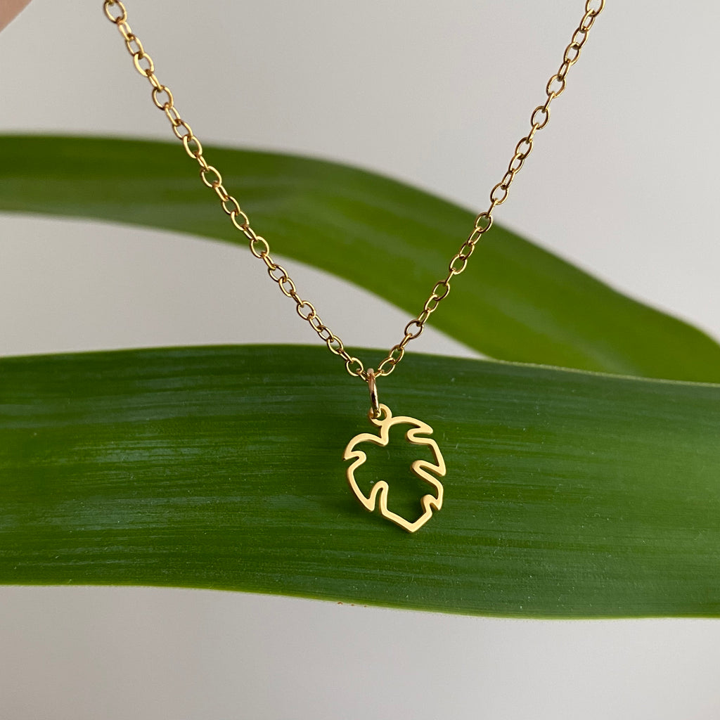 Gold Petite Hollow Tropical Palm Leaf Pendant Necklace