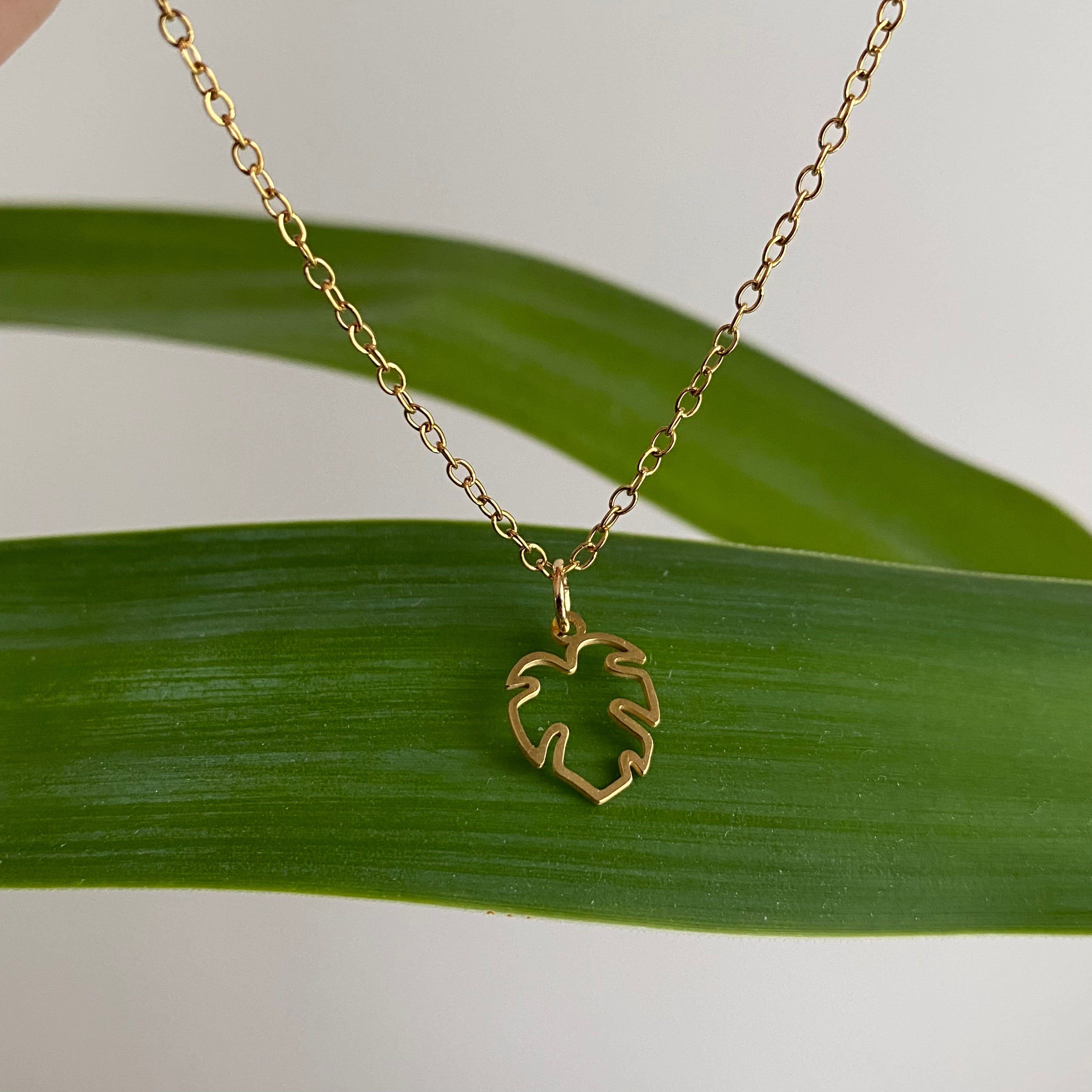 Gold Petite Hollow Tropical Palm Leaf Pendant Necklace