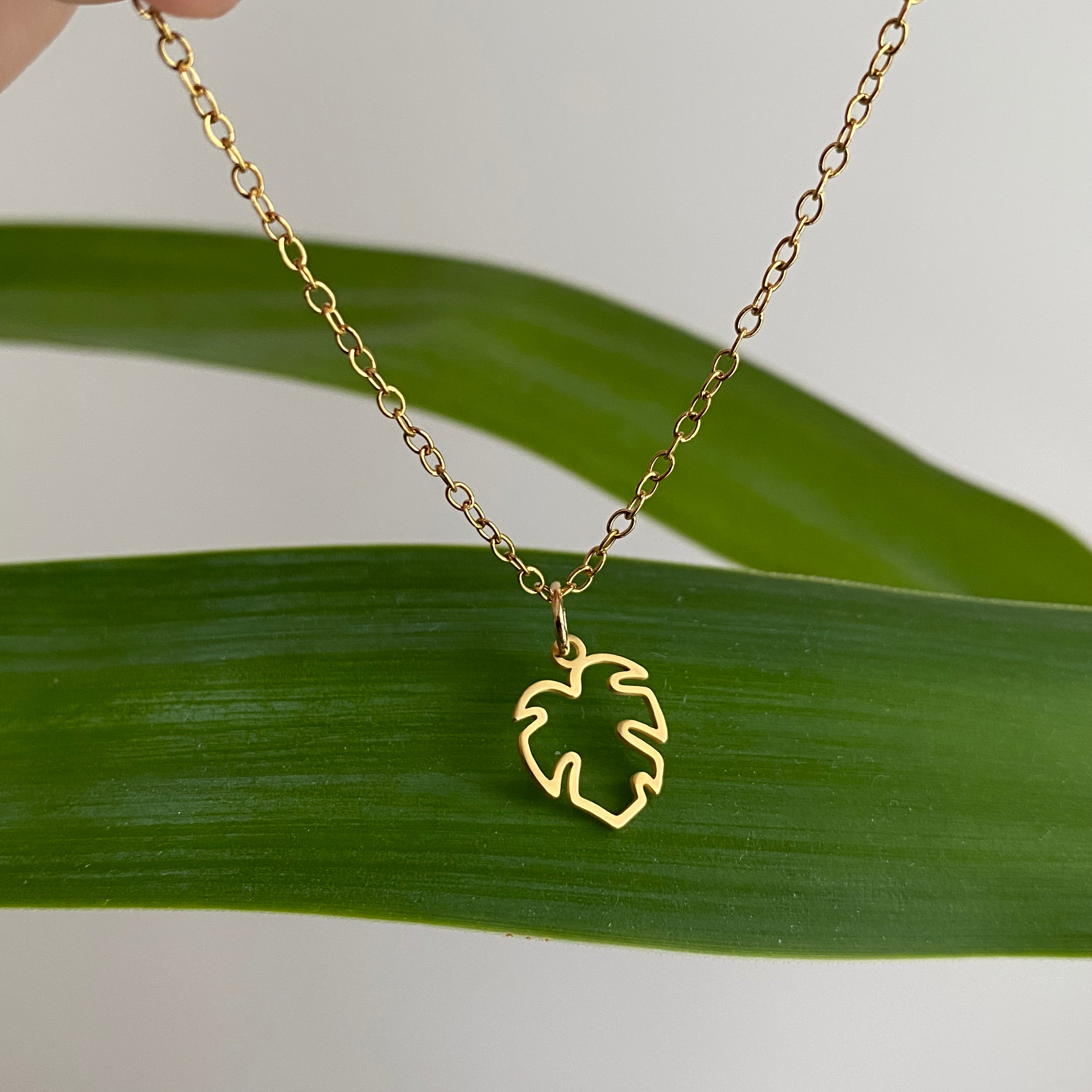 Gold Petite Hollow Tropical Palm Leaf Pendant Necklace