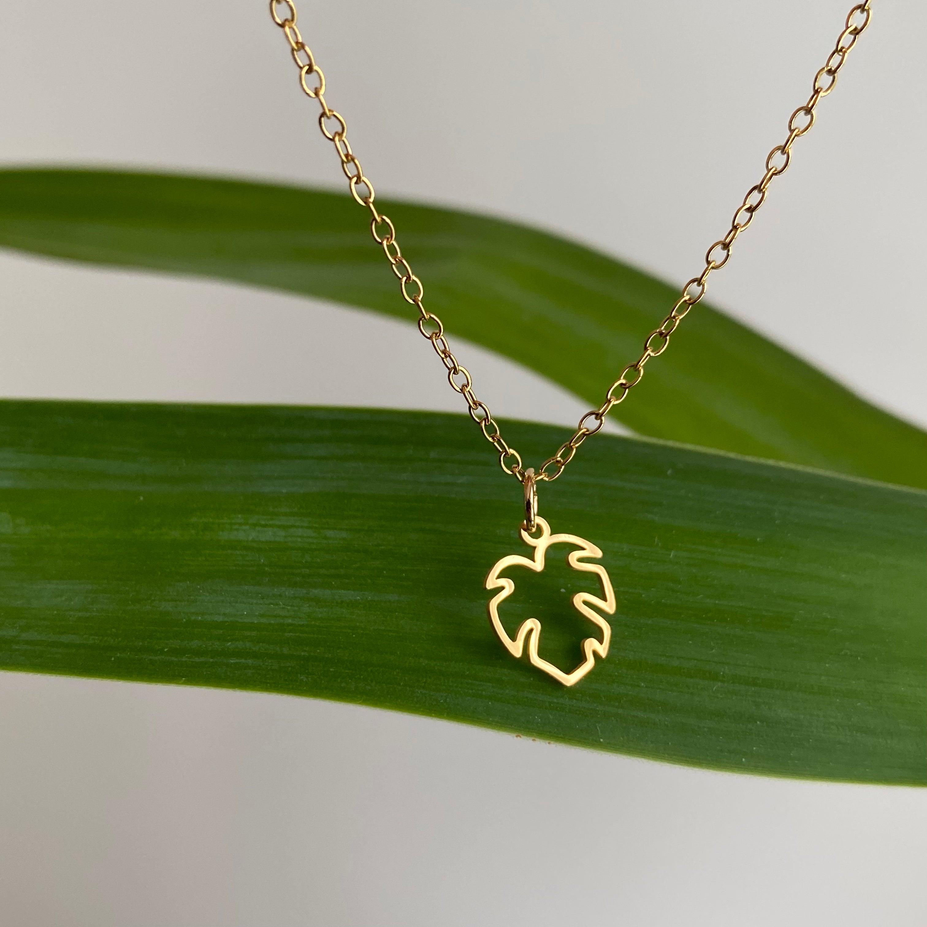 Gold Petite Hollow Tropical Palm Leaf Pendant Necklace