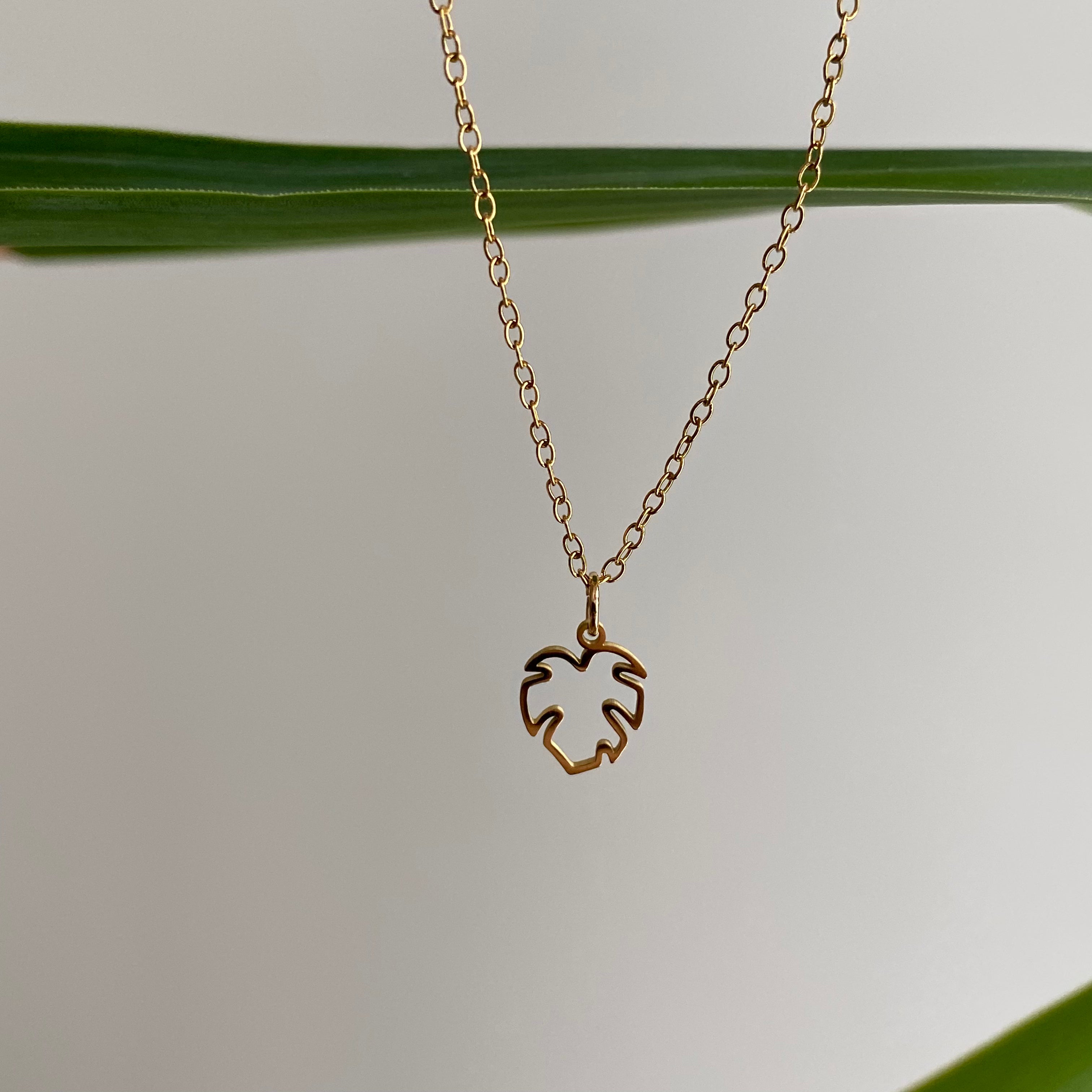 Gold Petite Hollow Tropical Palm Leaf Pendant Necklace