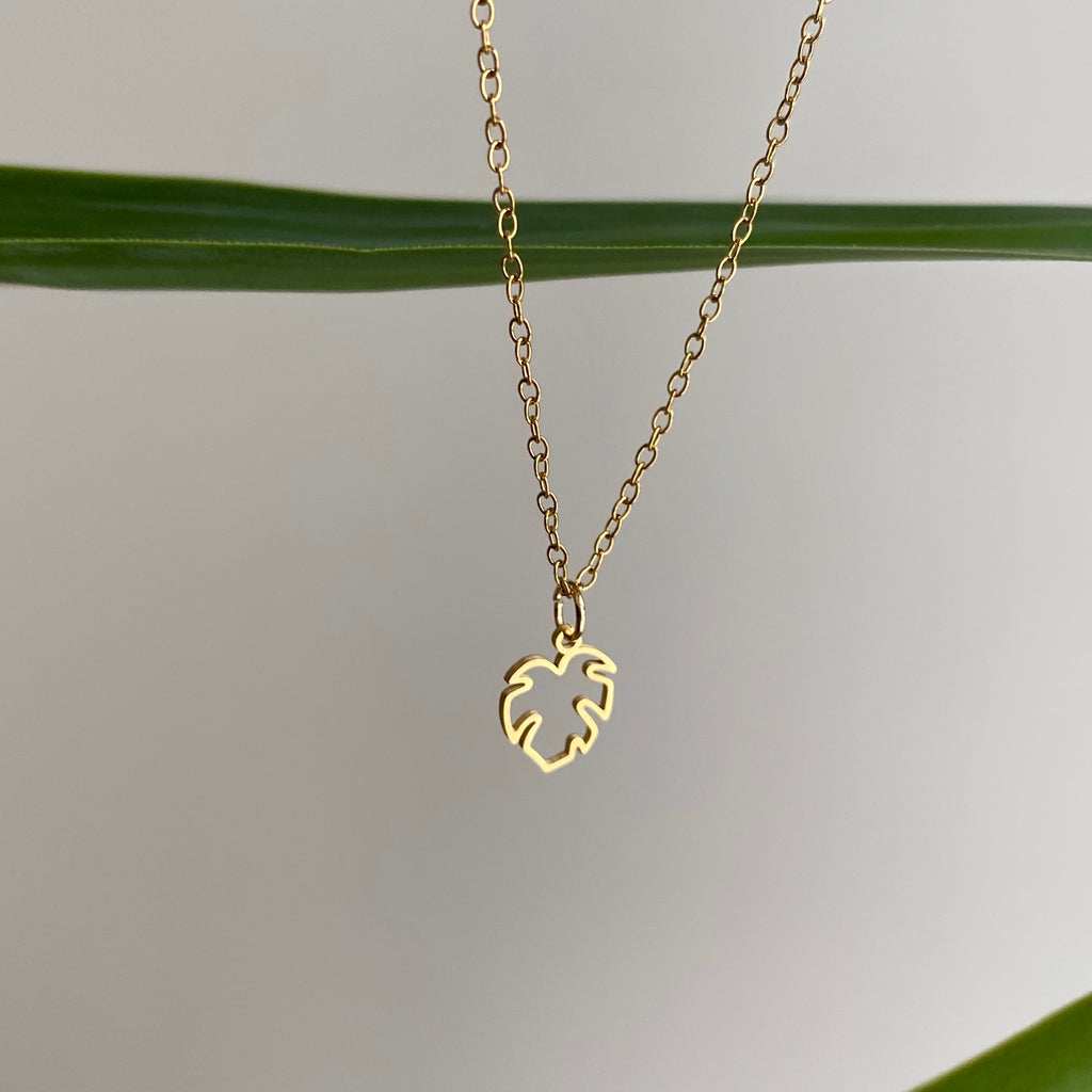 Gold Petite Hollow Tropical Palm Leaf Pendant Necklace