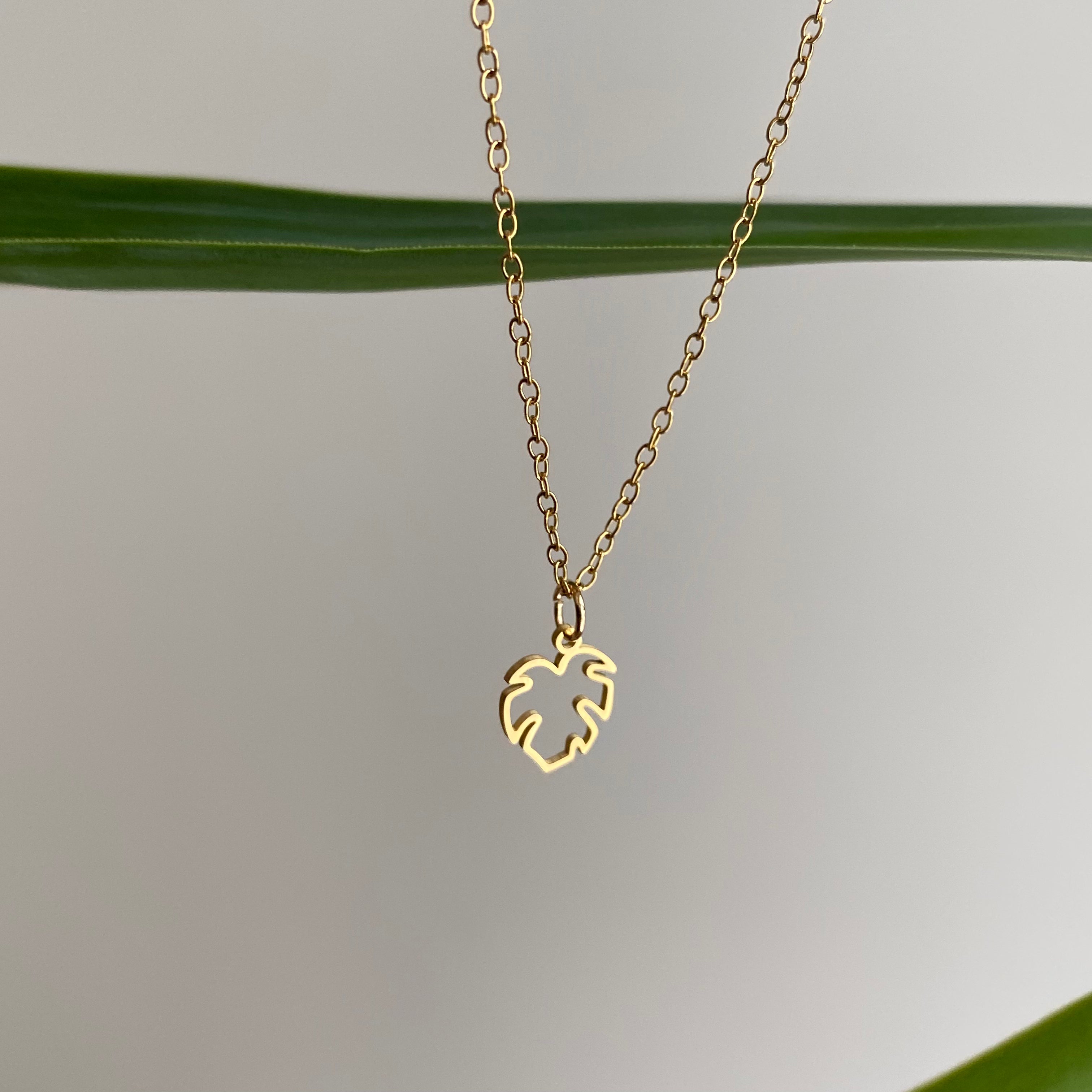 Gold Petite Hollow Tropical Palm Leaf Pendant Necklace