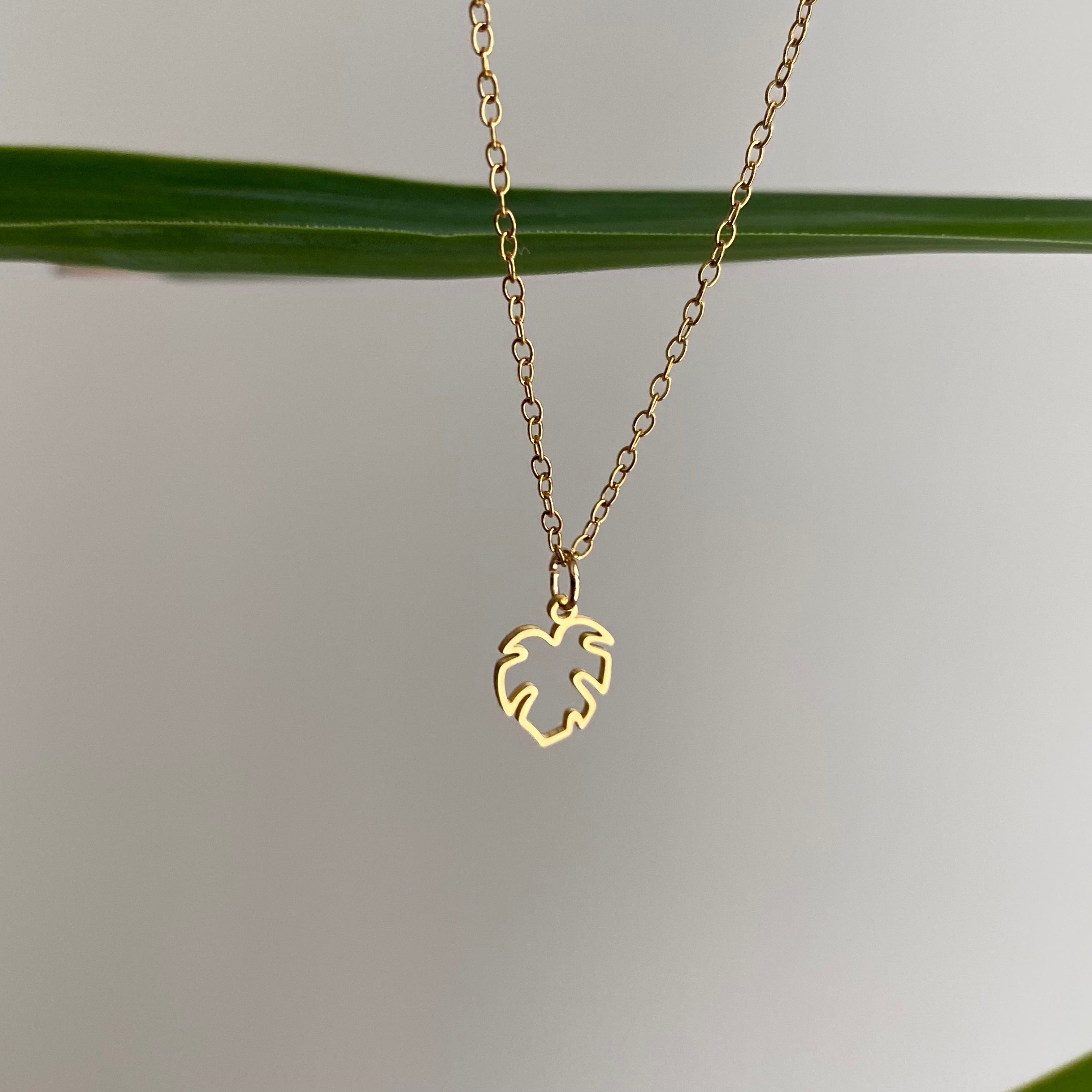 Gold Petite Hollow Tropical Palm Leaf Pendant Necklace