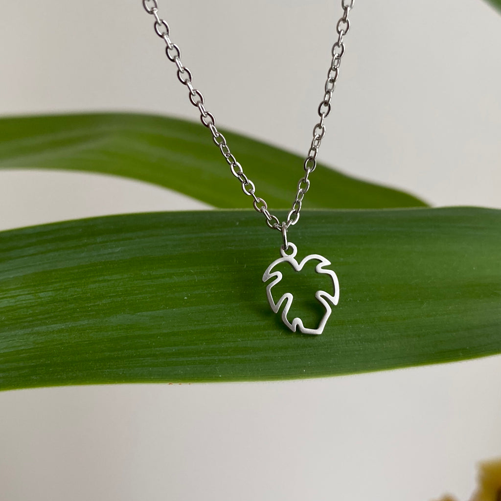 Silver Petite Hollow Tropical Palm Leaf Pendant Necklace