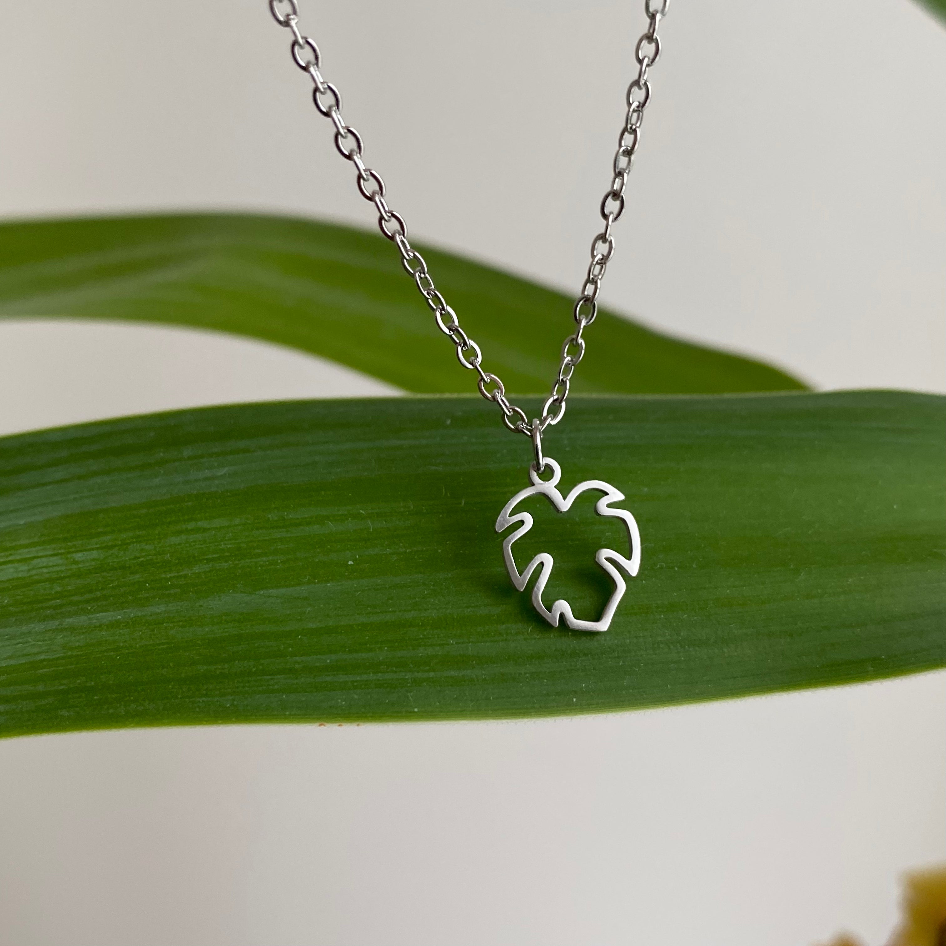 Silver Petite Hollow Tropical Palm Leaf Pendant Necklace
